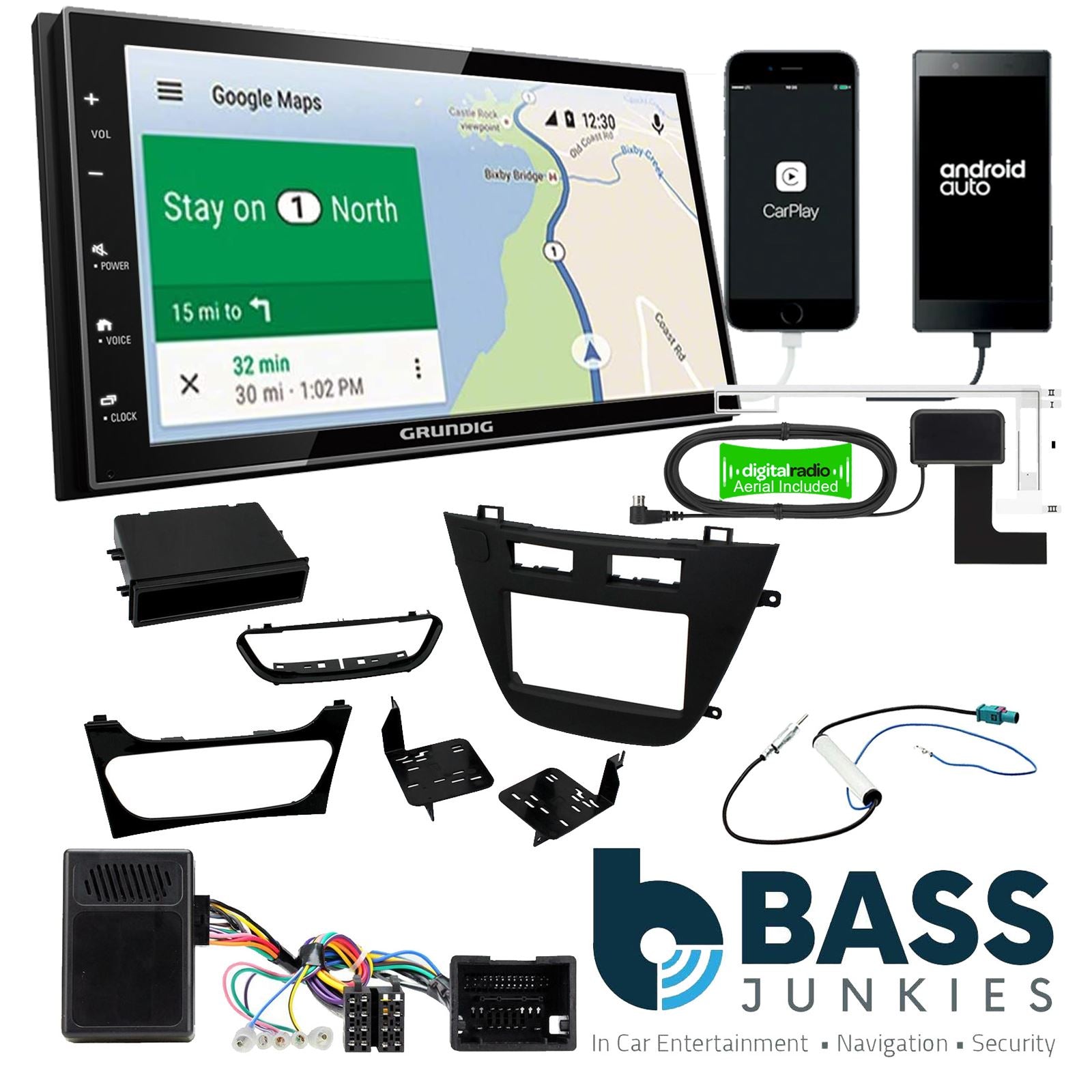 Grundig 6.8" Apple Android Double Din Stereo Fitting Kit + Steering Wheel Stalk Controls to fit Vauxhall Insignia 2008-13