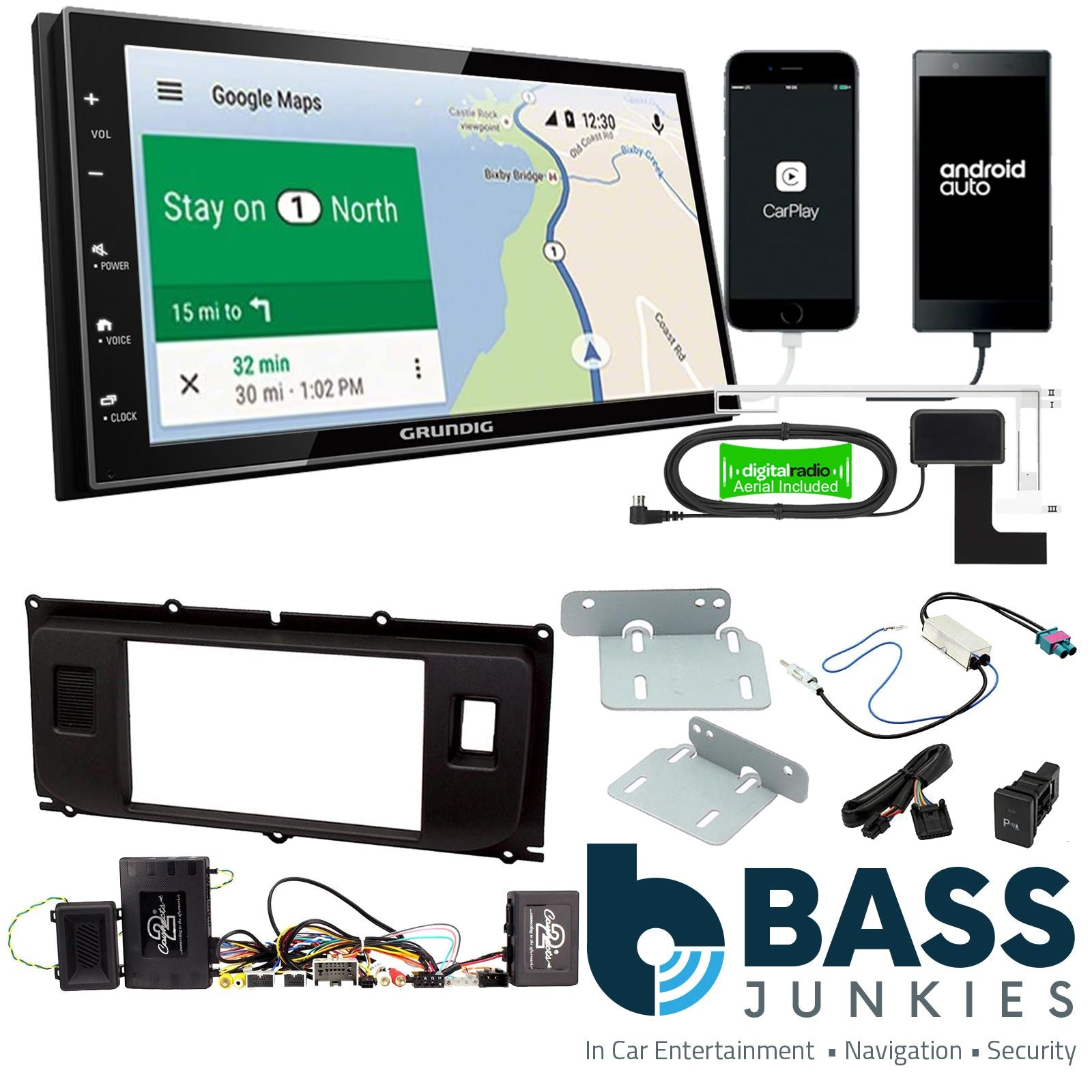 Grundig 6.8" Apple Android Double Din Stereo Fitting Kit + Steering Wheel Stalk Controls to fit Land Rover Evoque 11-14