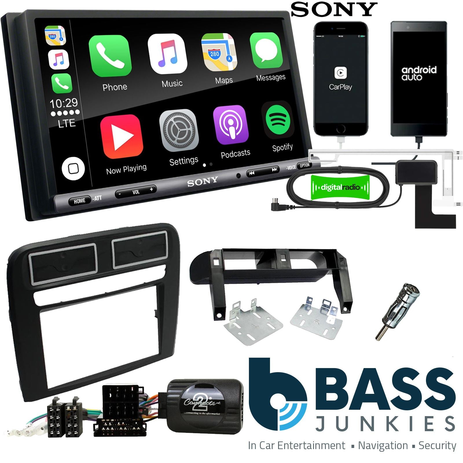 SONY DAB+ Apple | Android Double Din Stereo Fitting Kit + Steering Wheel Stalk Controls to fit Fiat Grande-Punto 2005-09
