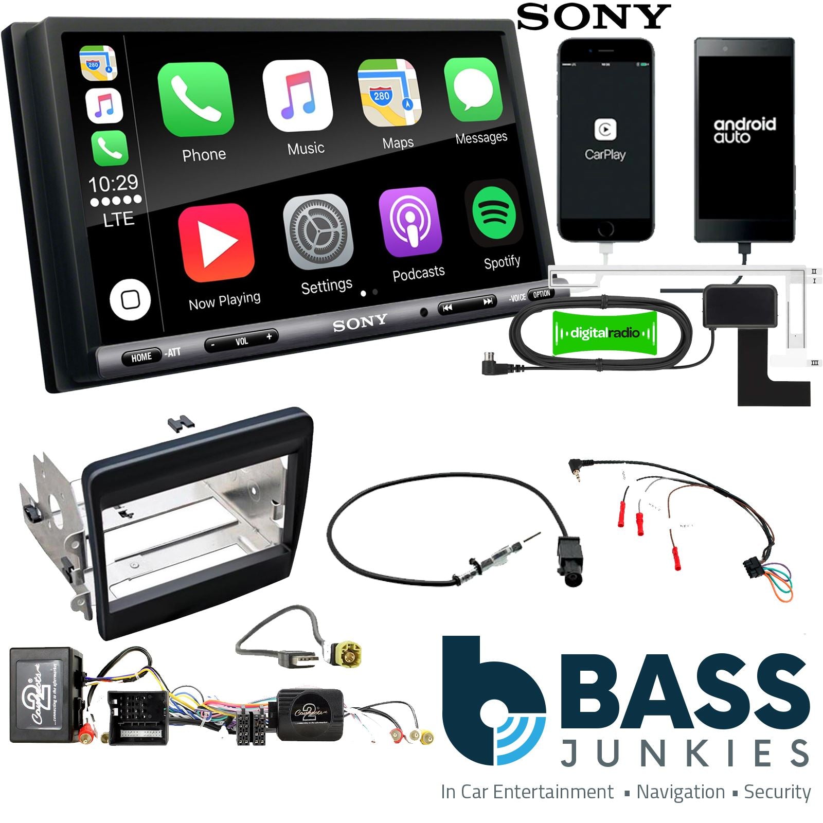 SONY DAB+ Apple | Android Double Din Stereo Fitting Kit + Steering Wheel Stalk Controls to fit Porsche 911 2011-16