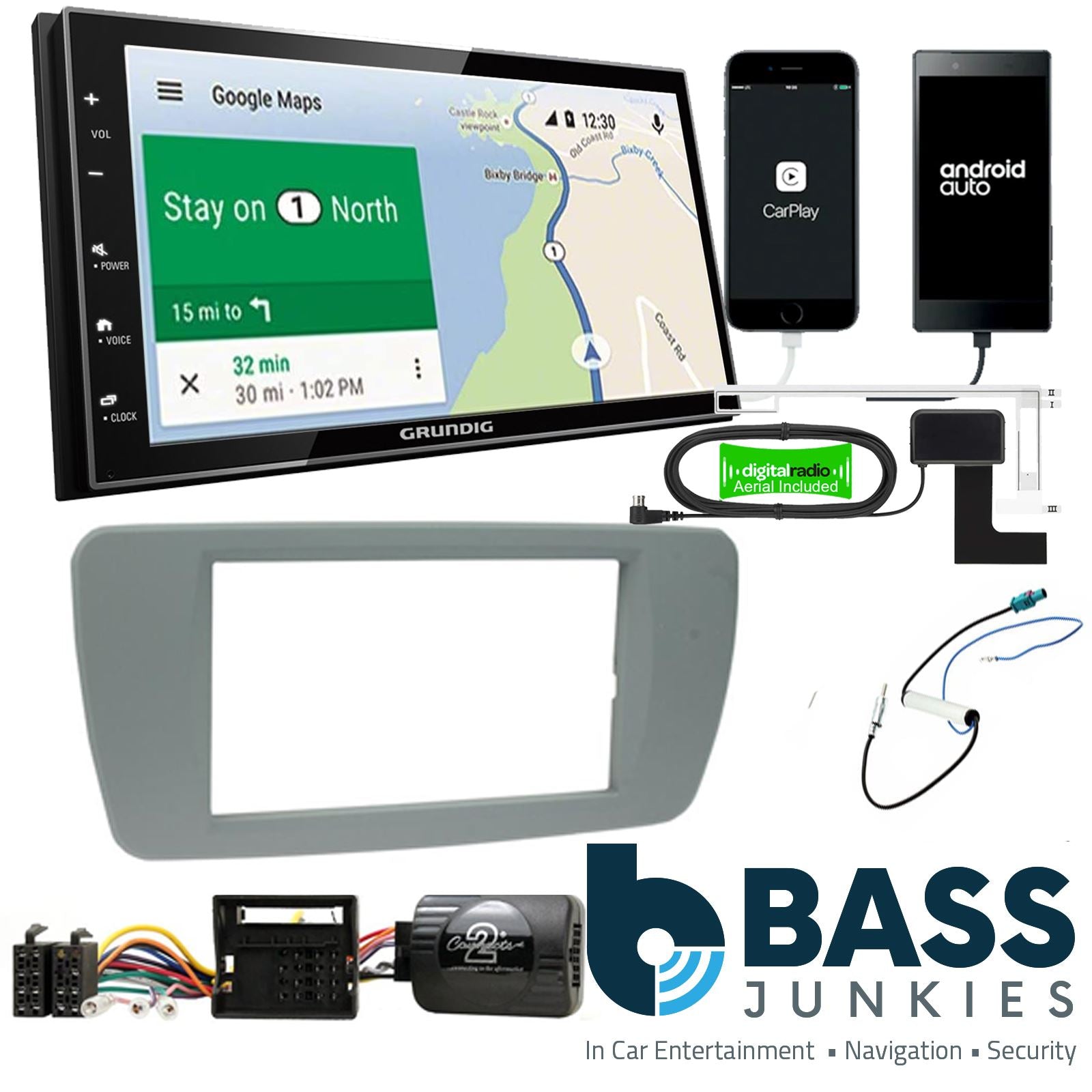 Grundig 6.8" Apple Android Double Din Stereo Fitting Kit + Steering Wheel Stalk Controls to fit Seat Ibiza 2008-14