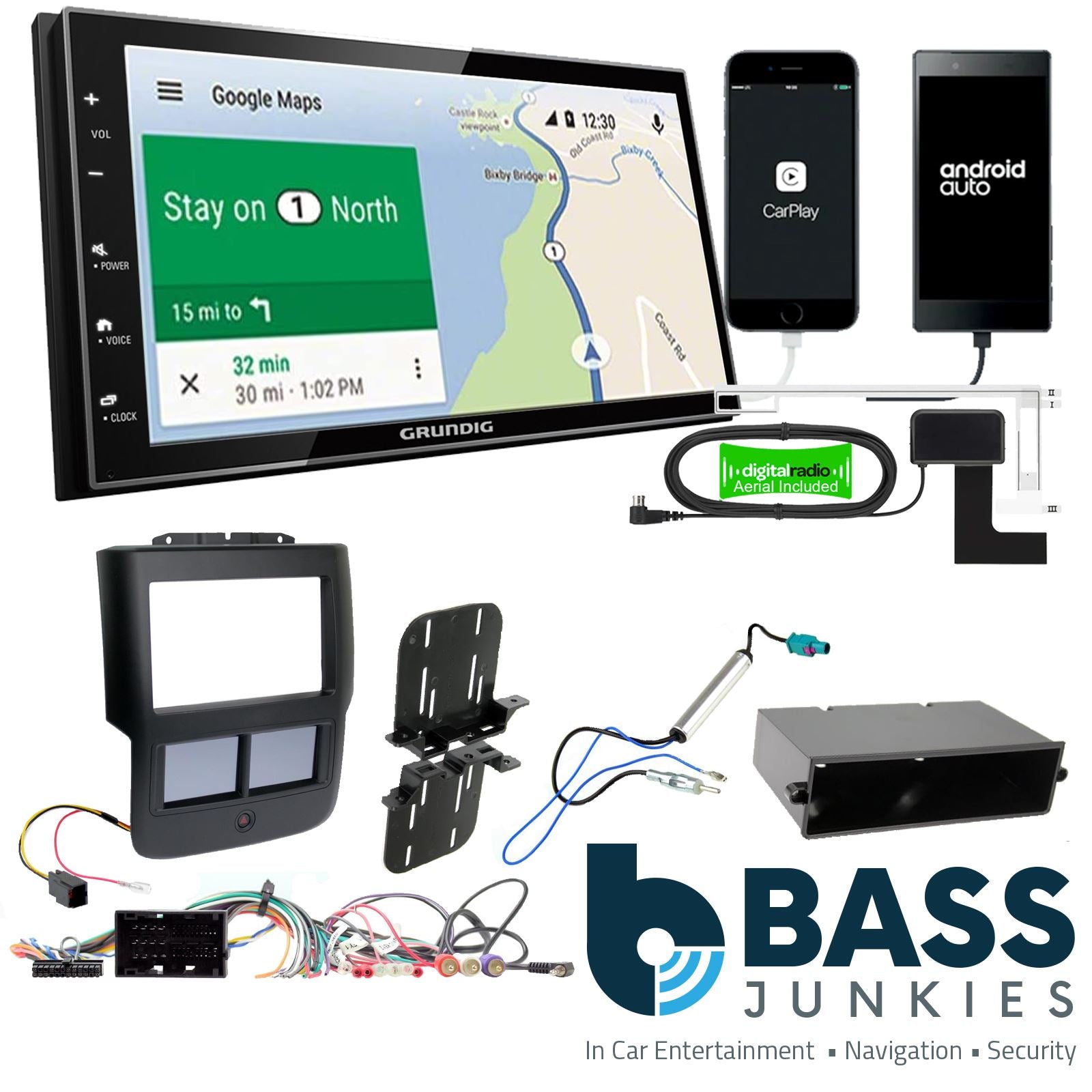 Grundig 6.8" Apple Android Double Din Stereo Fitting Kit + Steering Wheel Stalk Controls to fit Dodge Ram 2013-21