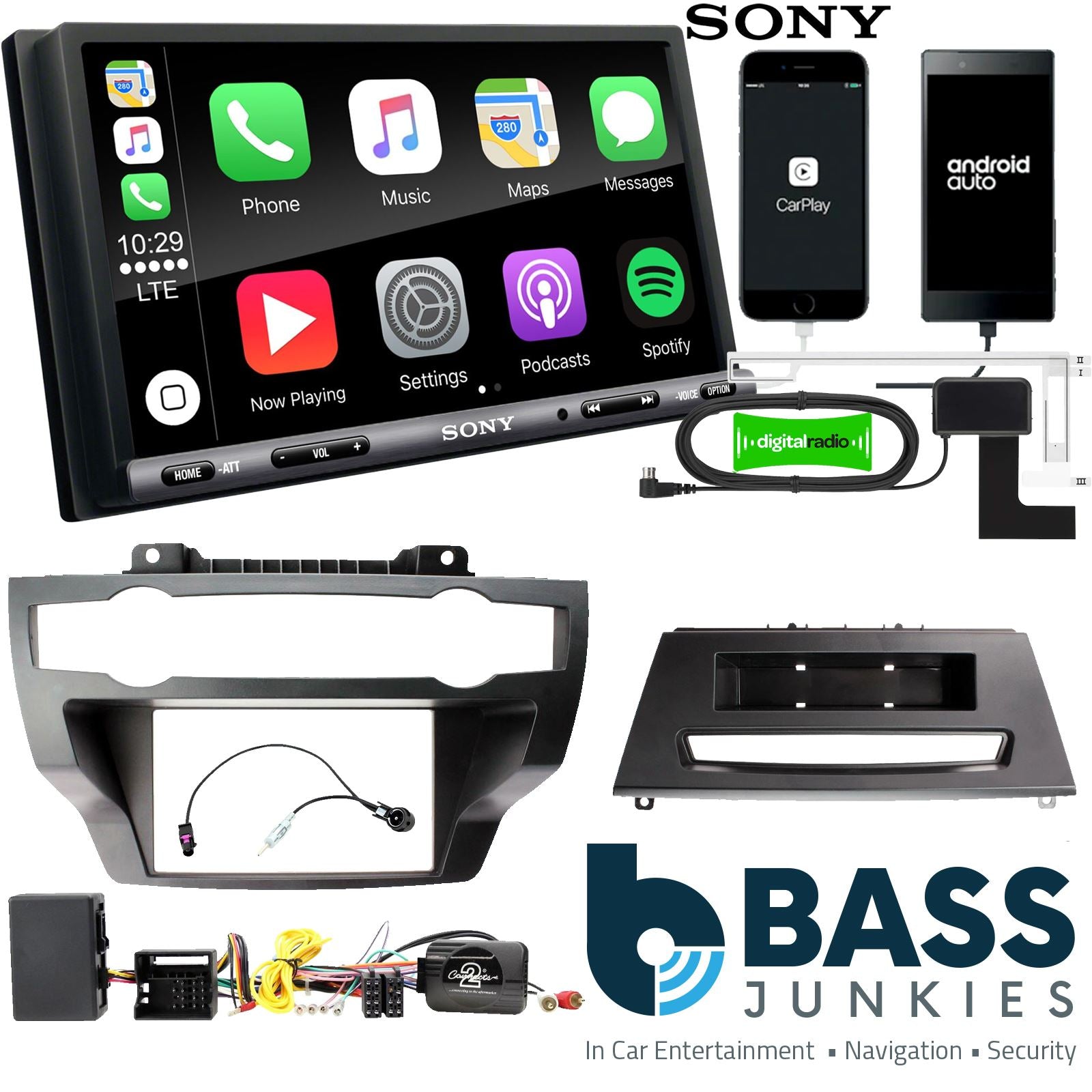 SONY DAB+ Apple | Android Double Din Stereo Fitting Kit + Steering Wheel Stalk Controls to fit BMW X5 2007-13 | BMW X6 2008-14