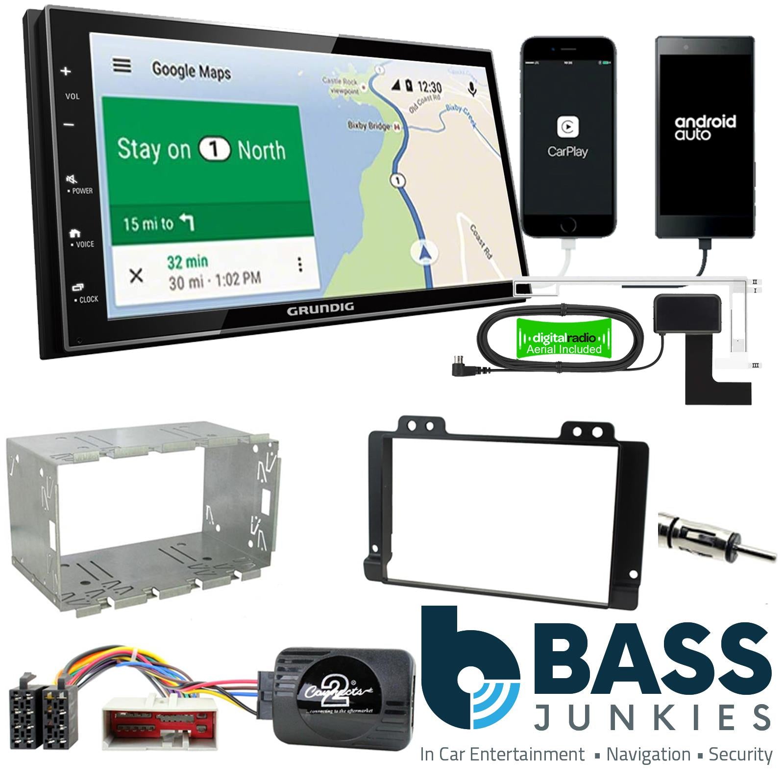 Grundig 6.8" Apple Android Double Din Stereo Fitting Kit + Steering Wheel Stalk Controls to fit Land Rover Freelander 04-06