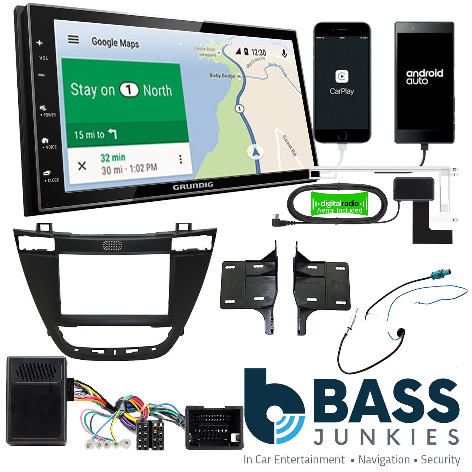 Grundig 6.8" Apple Android Double Din Stereo Fitting Kit + Steering Wheel Stalk Controls to fit Vauxhall Insignia 2008-13