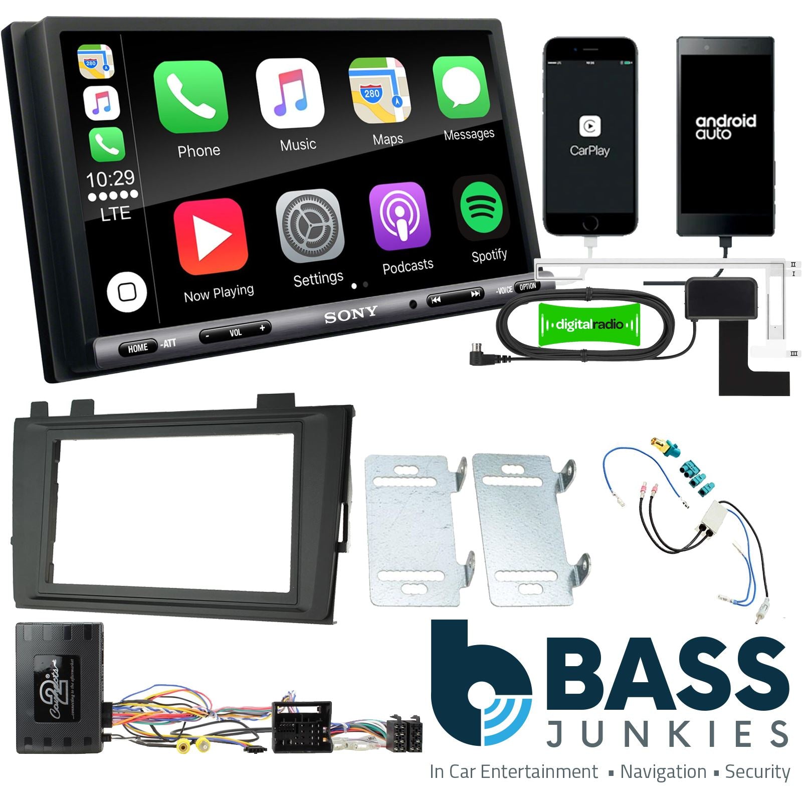SONY DAB+ Apple | Android Double Din Stereo Fitting Kit + Steering Wheel Stalk Controls to fit VW Transporter 2019-