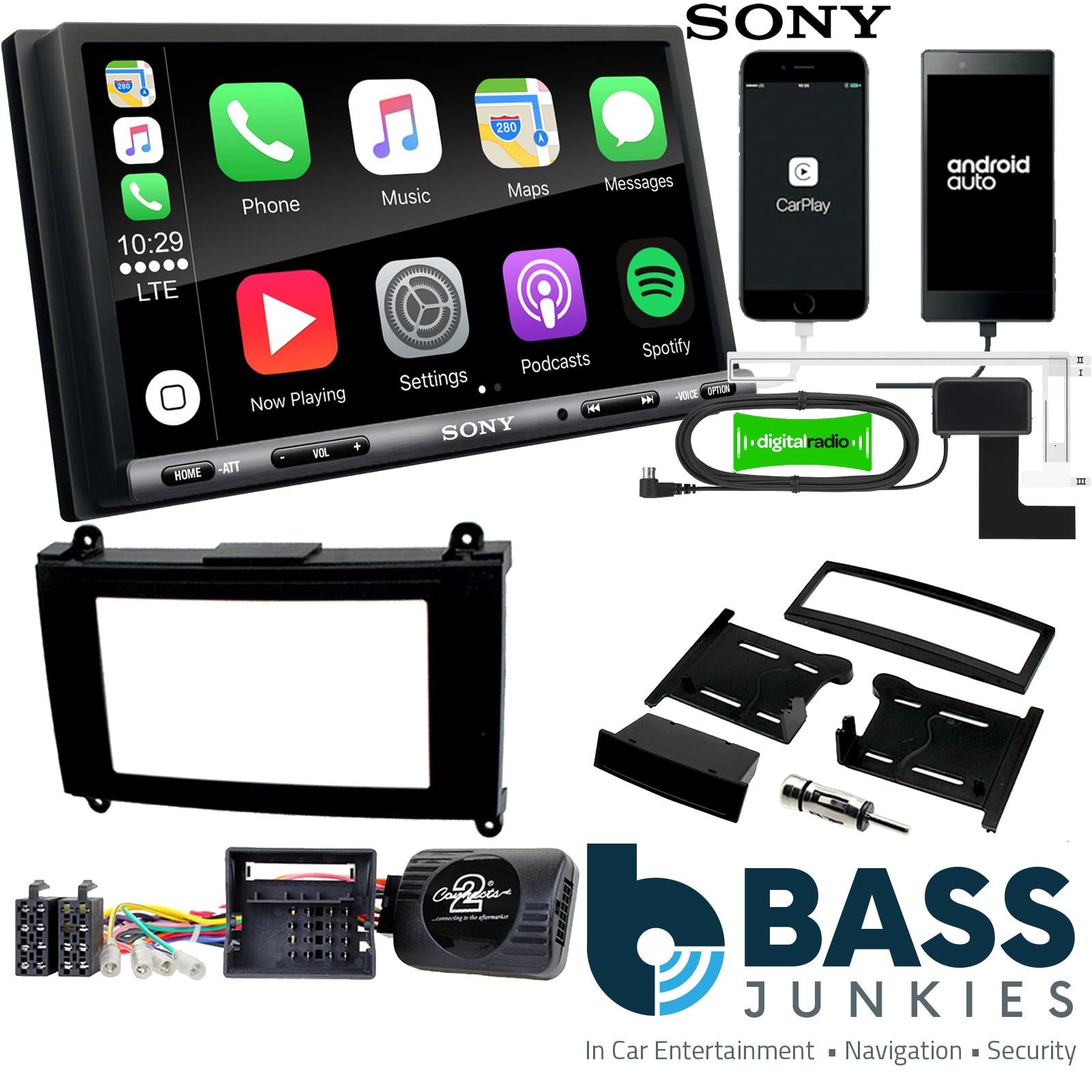 SONY DAB+ Apple | Android Double Din Stereo Fitting Kit + Steering Wheel Stalk Controls to fit Dodge Sprinter-Van 07-10