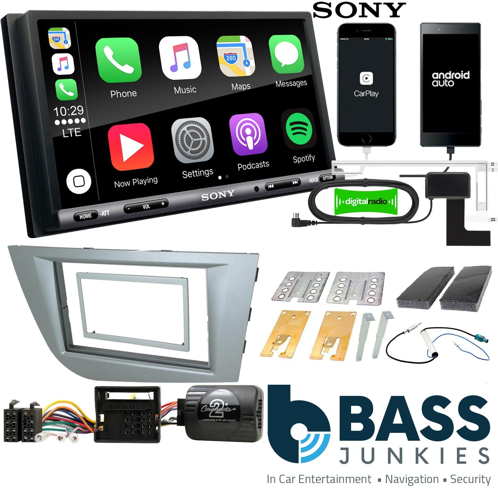 SONY DAB+ Apple | Android Double Din Stereo Fitting Kit + Steering Wheel Stalk Controls to fit Seat Leon 2005-12