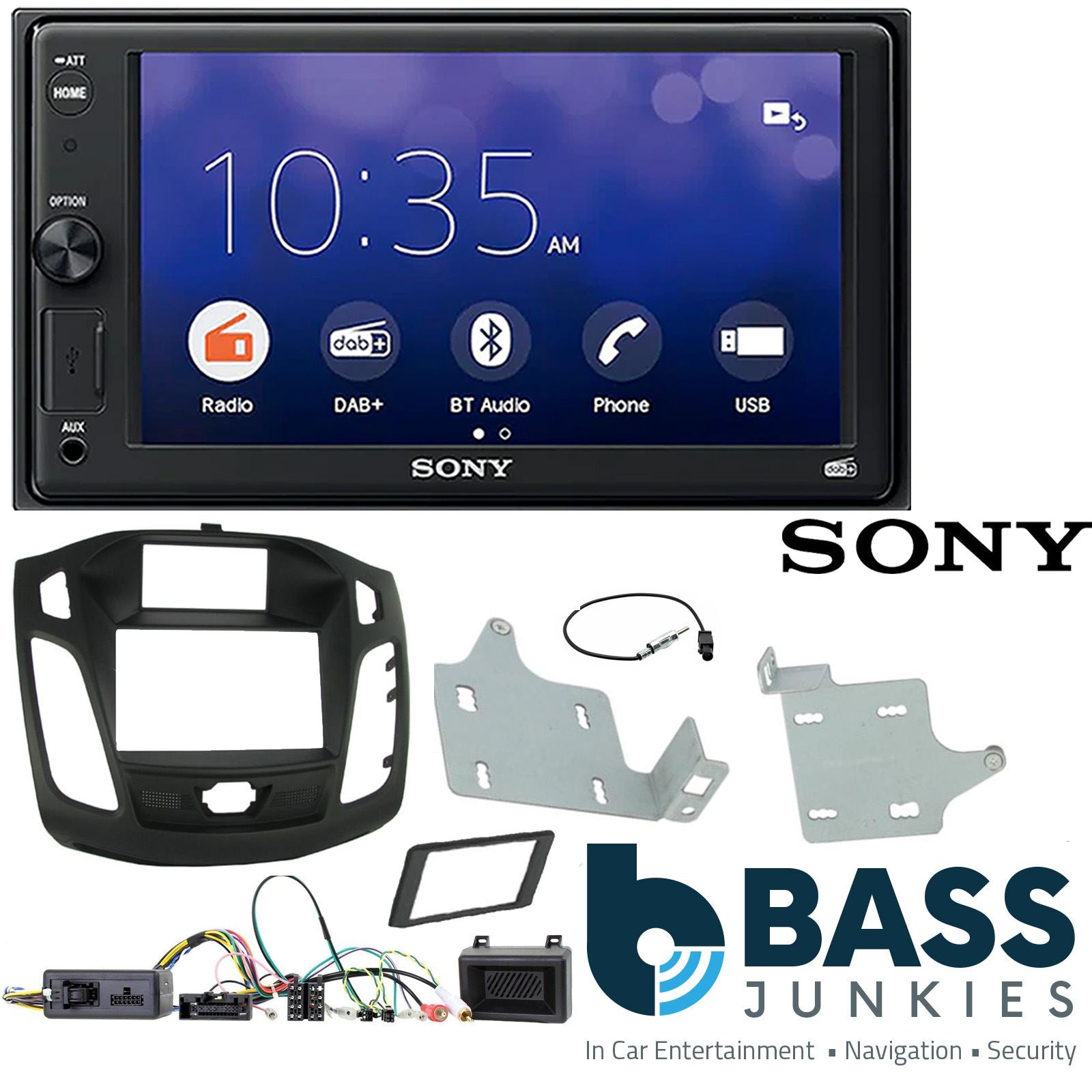 SONY XAV-1550D DAB+ Smart Bluetooth Car Radio + Stereo fitting kit + Steering Wheel Controls Loom for Ford Focus 2011-2015