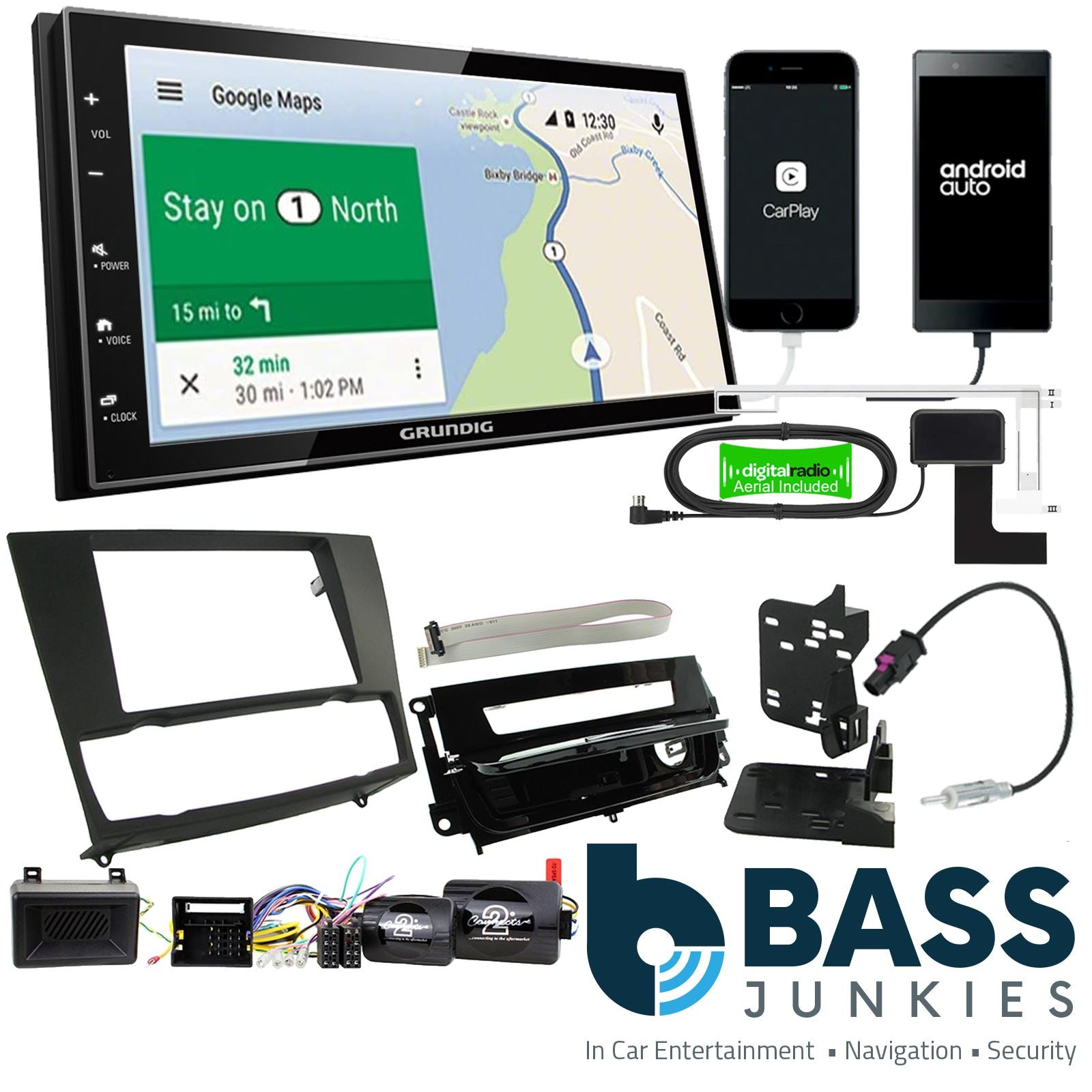 Grundig 6.8" Apple Android Double Din Stereo Fitting Kit + Steering Wheel Stalk Controls to fit BMW 3-Series 2005-12
