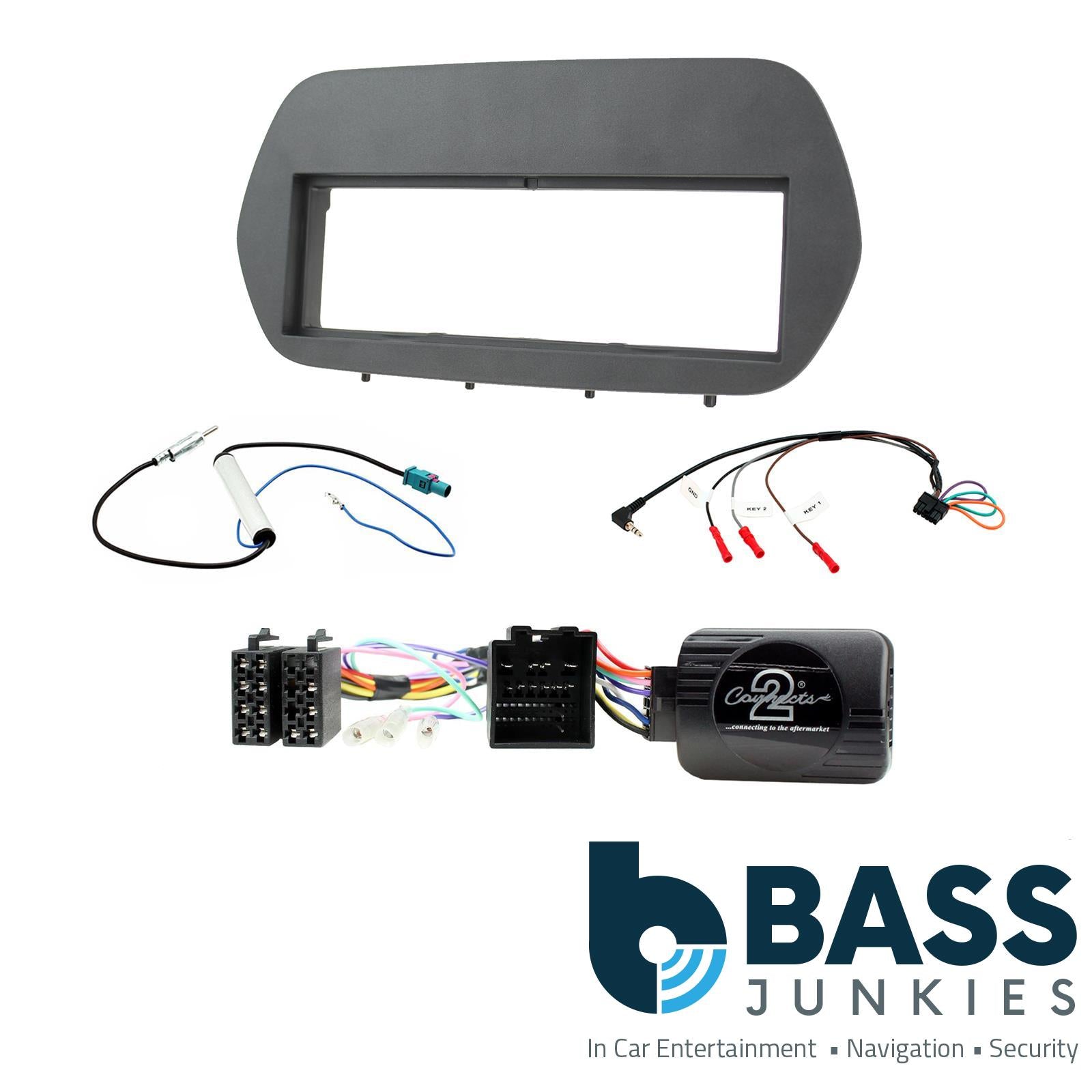 Single Din Stereo Fitting Kit + Steering Wheel Stalk Controls to fit Ford Fiesta 2018-21