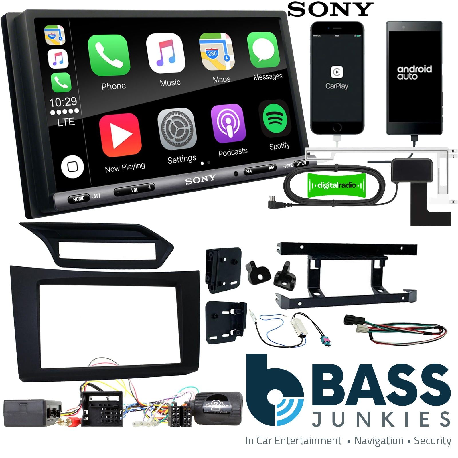 SONY DAB+ Apple | Android Double Din Stereo Fitting Kit + Steering Wheel Stalk Controls to fit Mercedes E-Class 2009-12