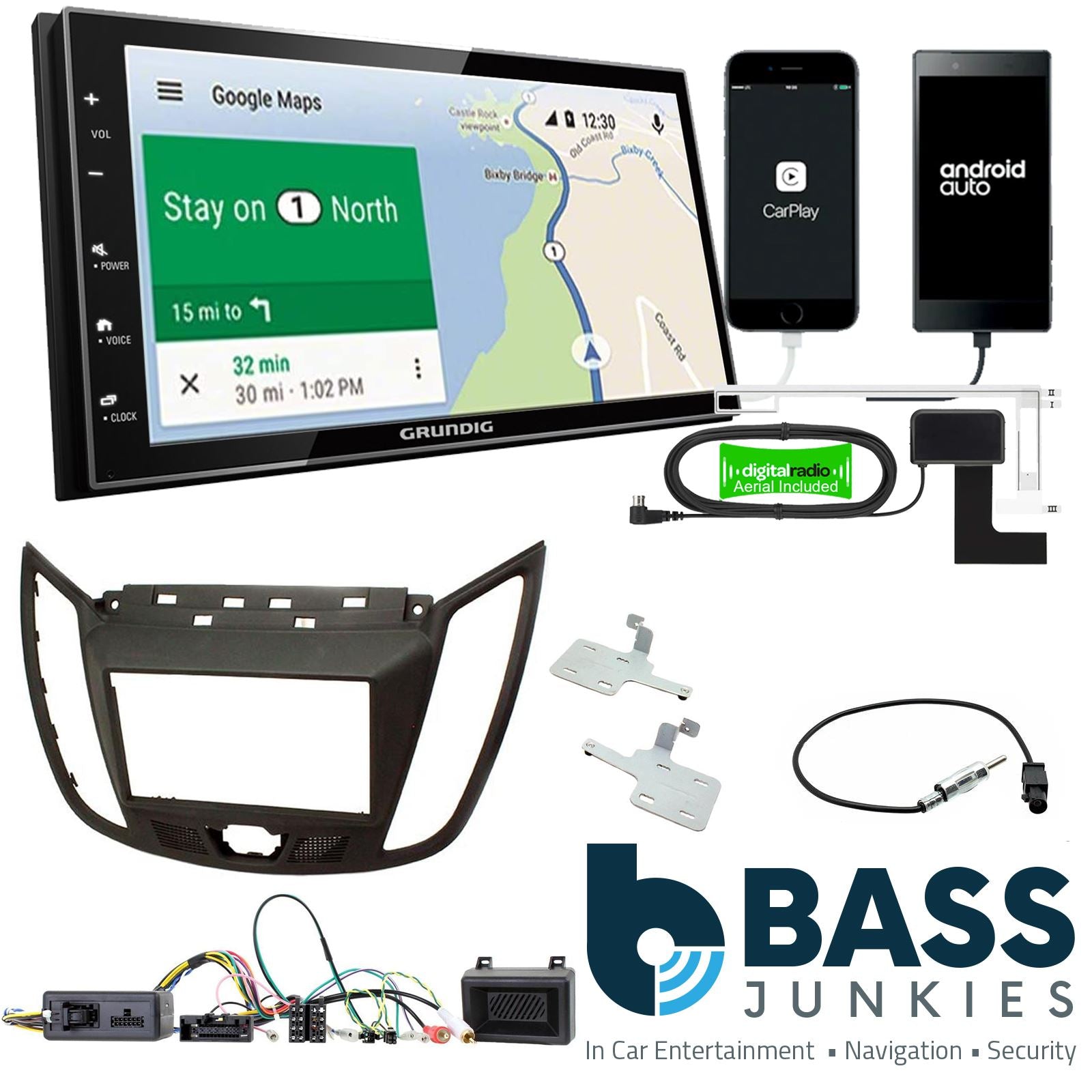 Grundig 6.8" Apple Android Double Din Stereo Fitting Kit + Steering Wheel Stalk Controls to fit Ford C-Max 2010-