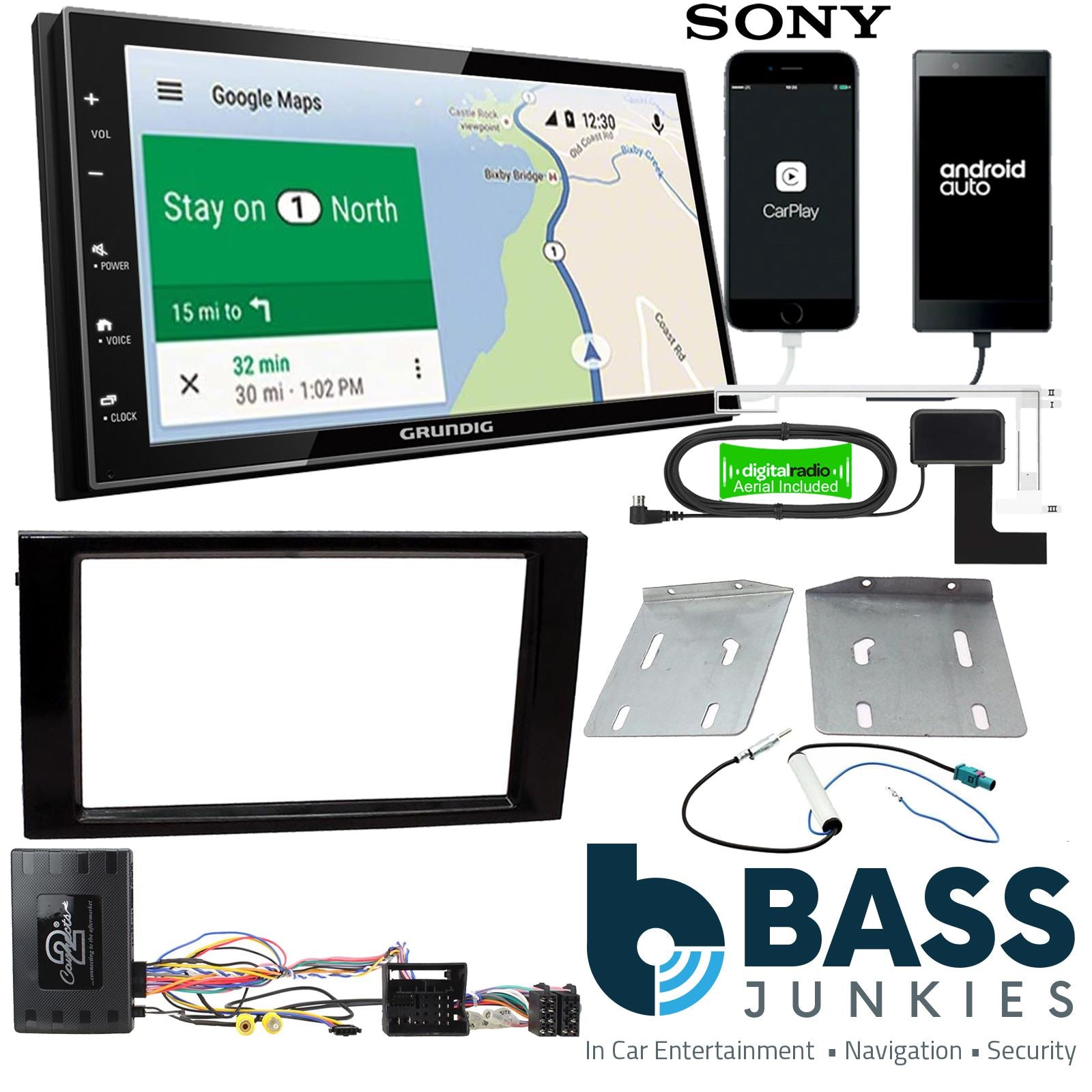 Grundig 6.8" Apple Android Double Din Stereo Fitting Kit + Steering Wheel Stalk Controls to fit Seat Leon 2012-15 | Seat Ibiza 2015-17