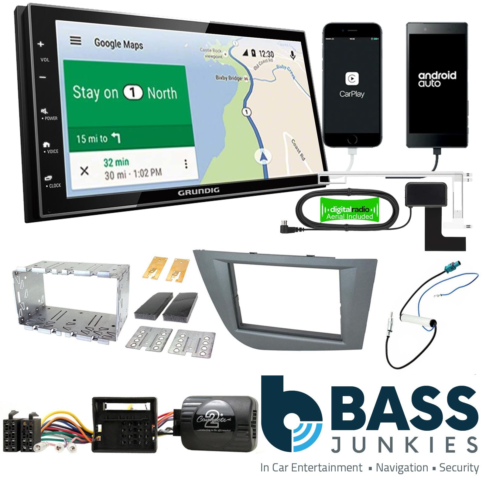 Grundig 6.8" Apple Android Double Din Stereo Fitting Kit + Steering Wheel Stalk Controls to fit Seat Leon 2005-12