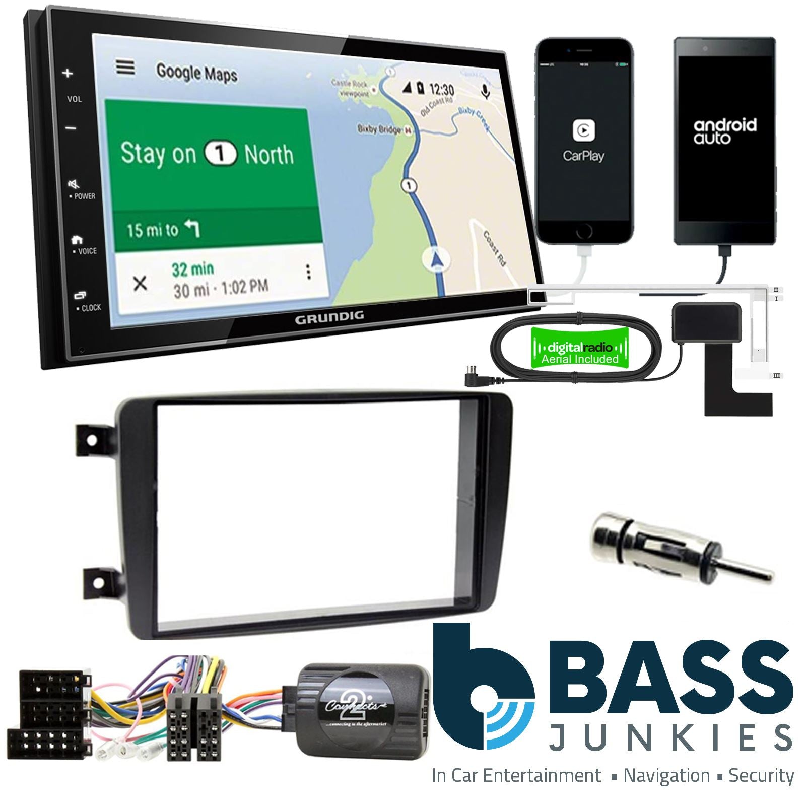 Grundig 6.8" Apple Android Double Din Stereo Fitting Kit + Steering Wheel Stalk Controls to fit Mercedes C-Class 2001-04 | Mercedes CLK 2002-04