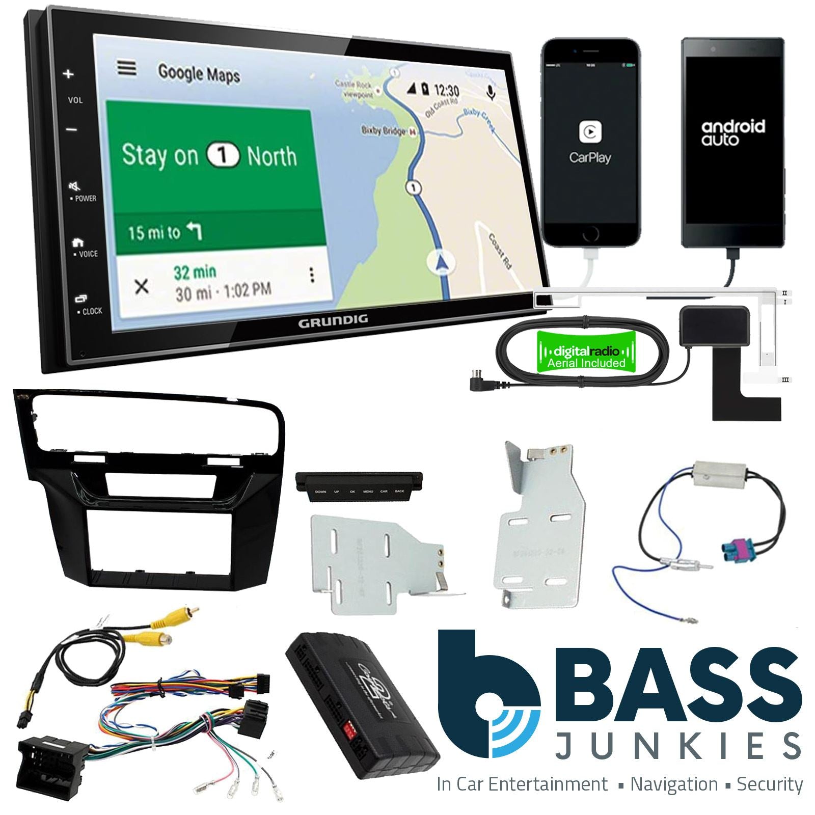 Grundig 6.8" Apple Android Double Din Stereo Fitting Kit + Steering Wheel Stalk Controls to fit VW Golf 2012-18