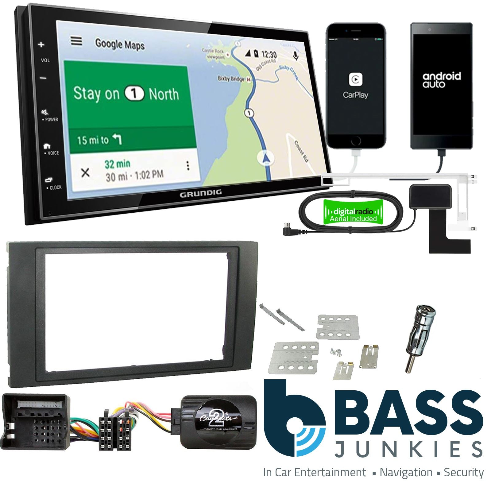 Grundig 6.8" Apple Android Double Din Stereo Fitting Kit + Steering Wheel Stalk Controls to fit Ford C-Max 2003-10 | Ford Focus 2004-07 | Ford Fiesta 2005-08