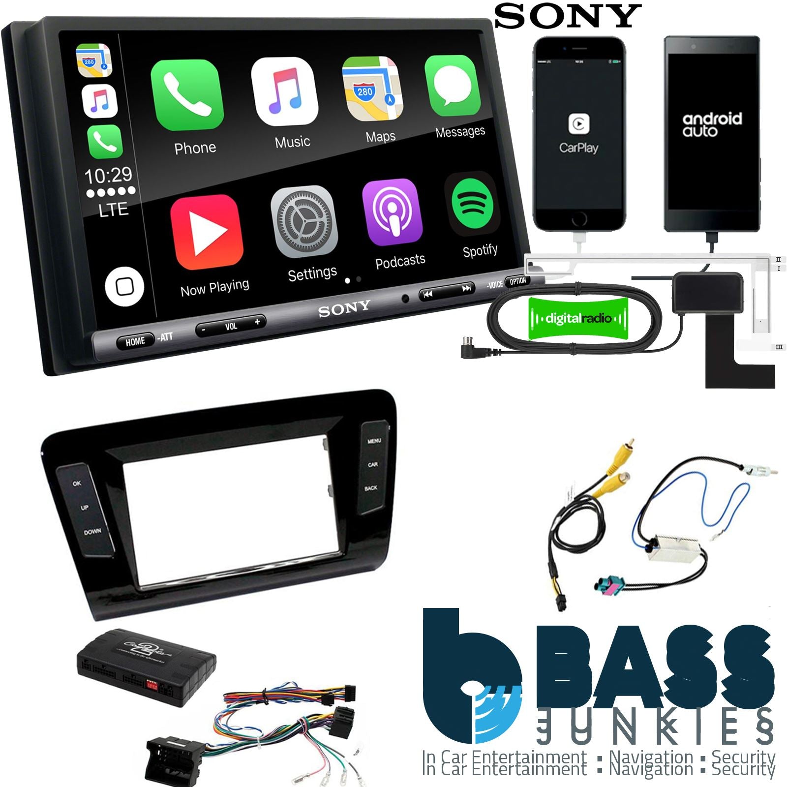 SONY DAB+ Apple | Android Double Din Stereo Fitting Kit + Steering Wheel Stalk Controls to fit Skoda Octavia 2013-17