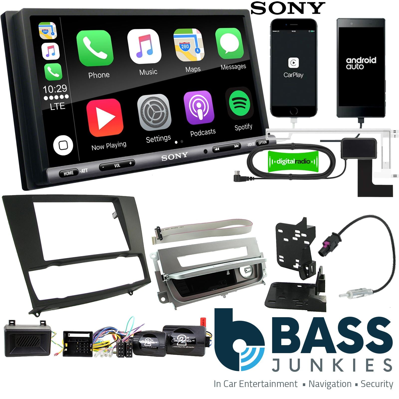 SONY DAB+ Apple | Android Double Din Stereo Fitting Kit + Steering Wheel Stalk Controls to fit BMW 3-Series 2005-12