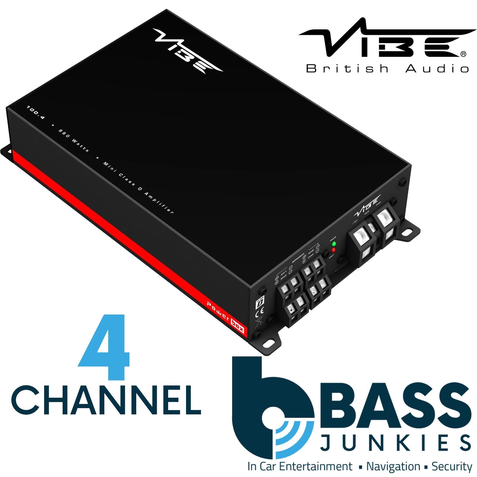 Vibe POWERBOX 100.4M 4 Channel 960 Watts Amplifier Compact Micro Class D (4x 100w @ 4ohms | 4x 120w @ 2Ohms | 2x 240w & 4Ohms Bridged) Frequency Response - 20Hz - 20kHz