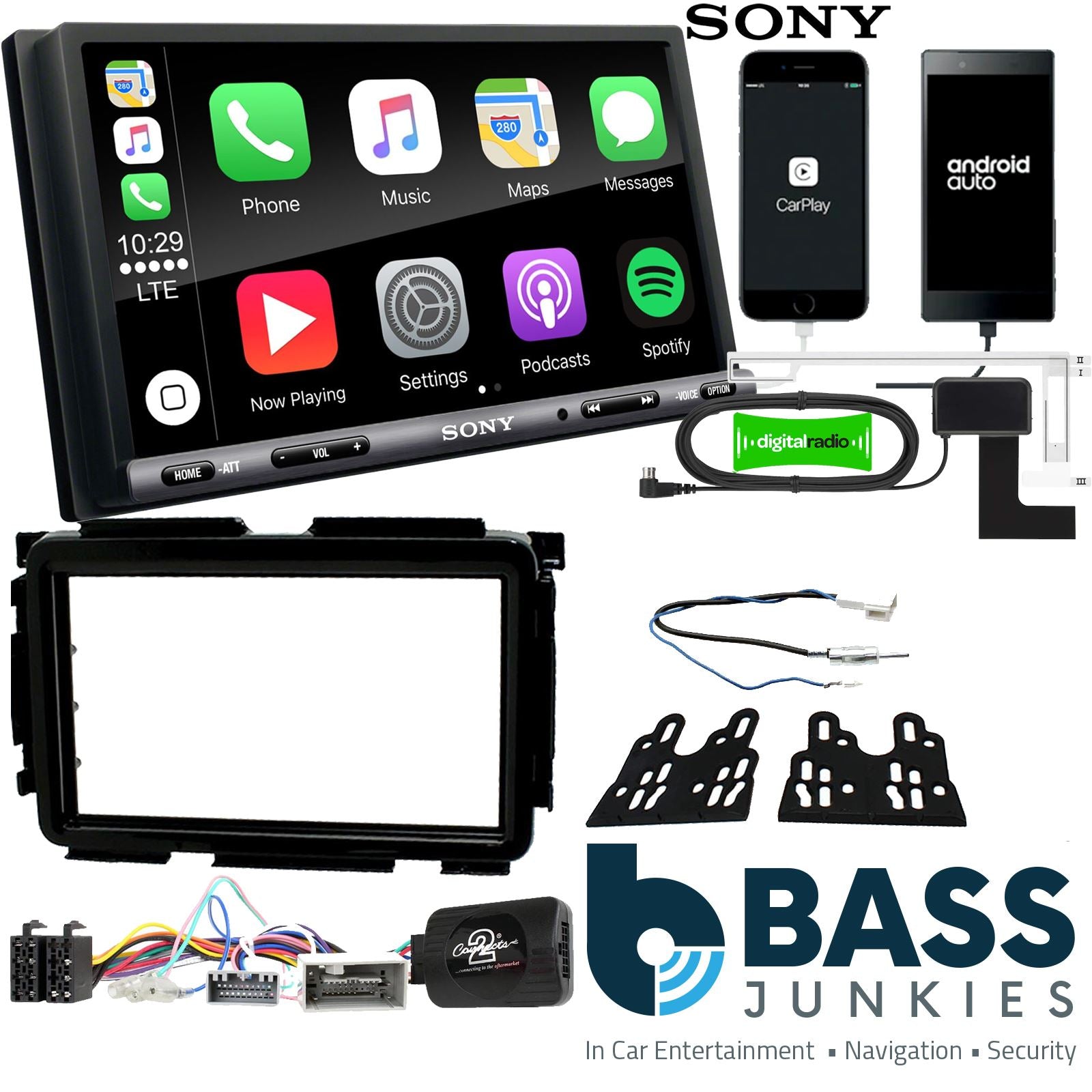 SONY DAB+ Apple | Android Double Din Stereo Fitting Kit + Steering Wheel Stalk Controls to fit Honda HR-V 2014-21