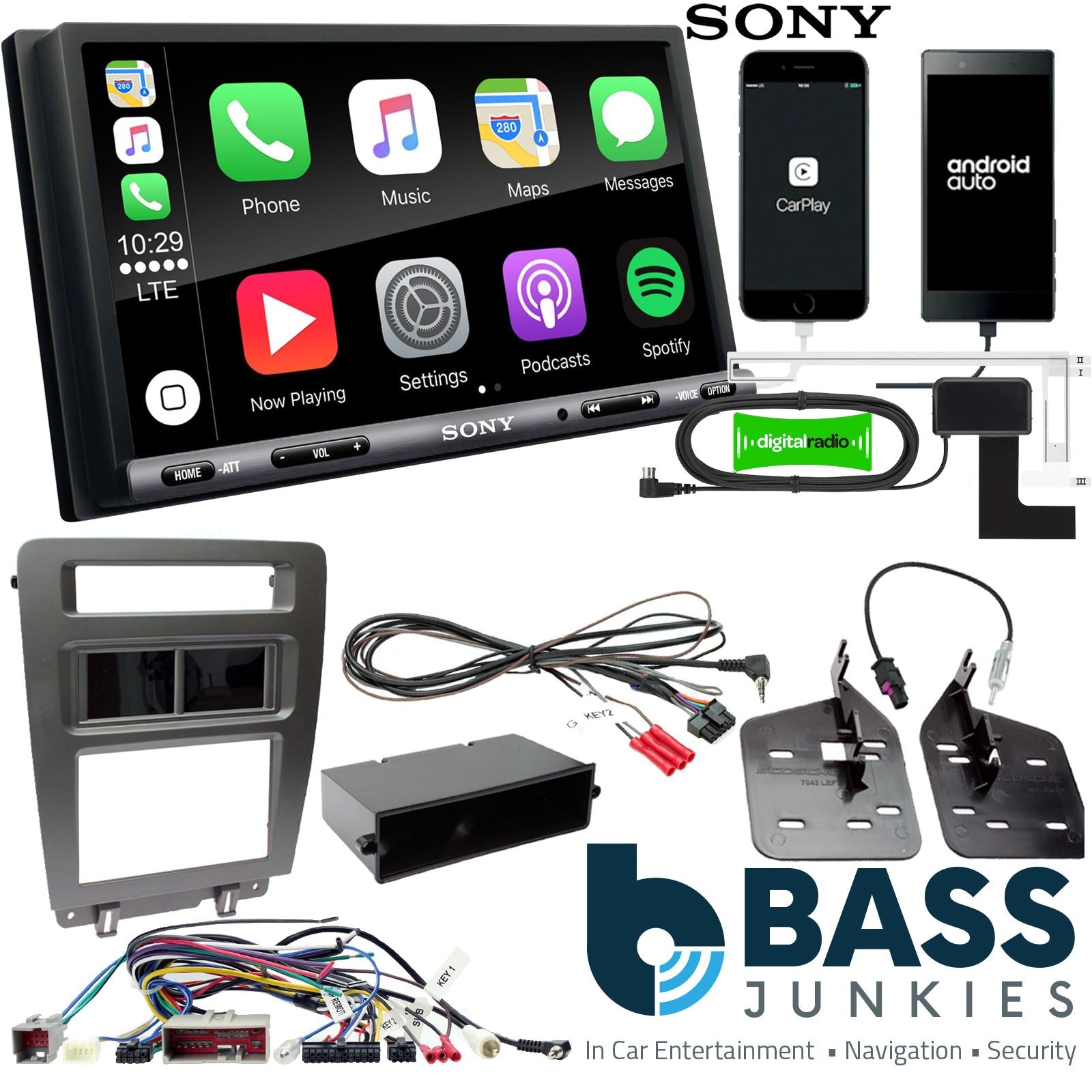 SONY DAB+ Apple | Android Double Din Stereo Fitting Kit + Steering Wheel Stalk Controls to fit Ford Mustang 2010-14