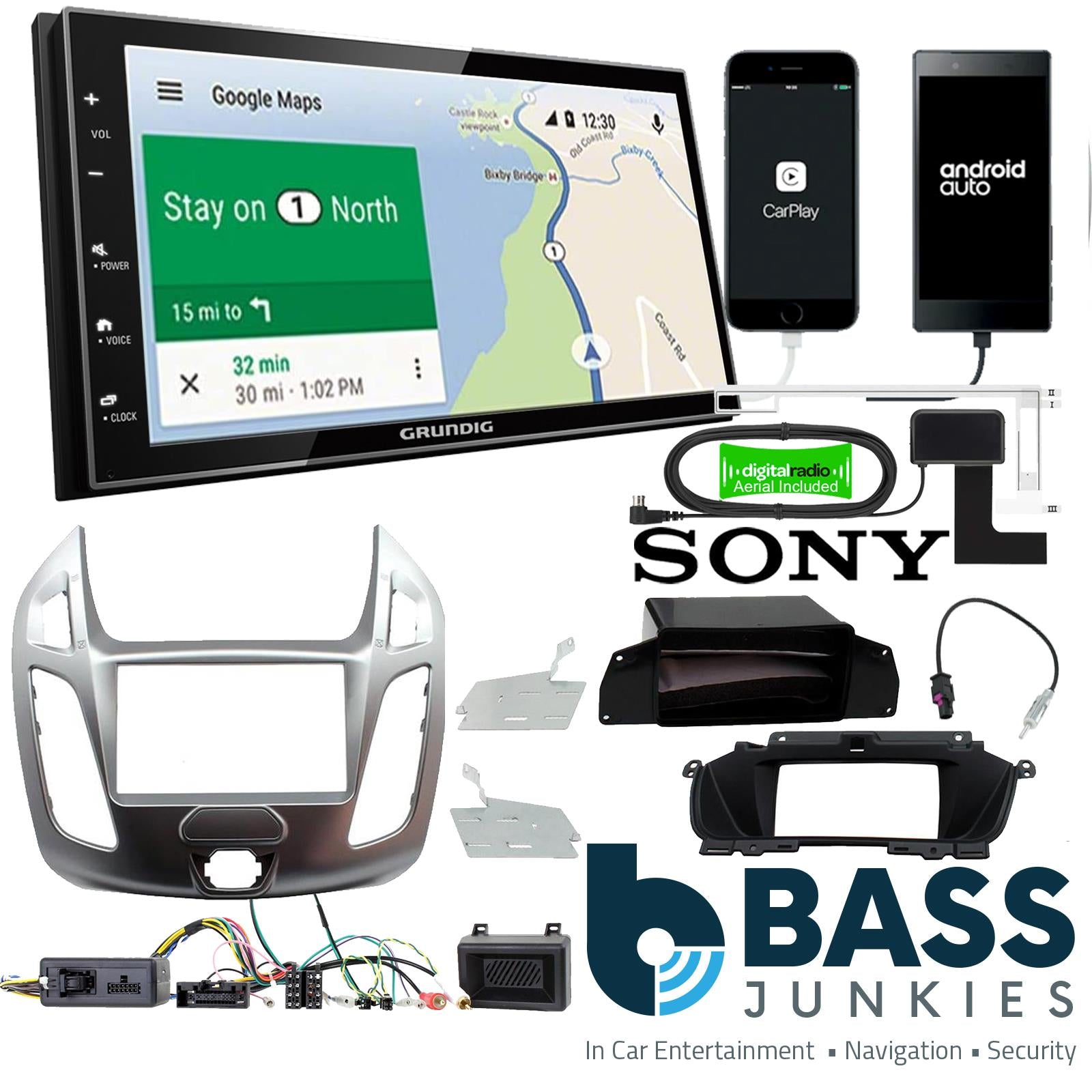 Grundig 6.8" Apple Android Double Din Stereo Fitting Kit + Steering Wheel Stalk Controls to fit Ford Transit-Connect 13-21
