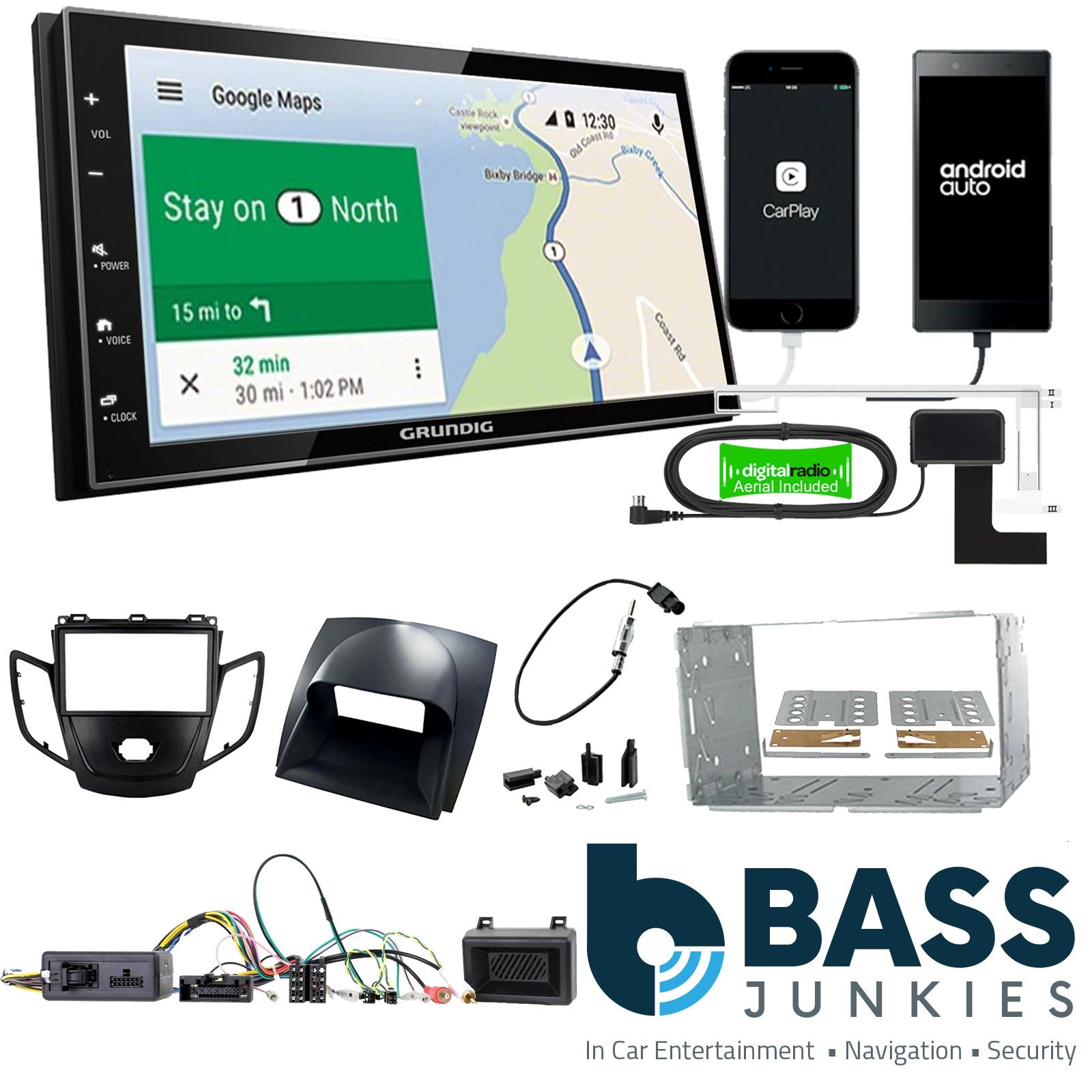 Grundig 6.8" Apple Android Double Din Stereo Fitting Kit + Steering Wheel Stalk Controls to fit Ford Fiesta 2010-12