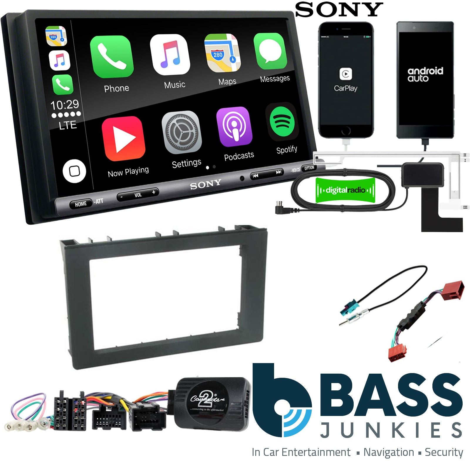 SONY DAB+ Apple | Android Double Din Stereo Fitting Kit + Steering Wheel Stalk Controls to fit Saab 9-3 2006-12