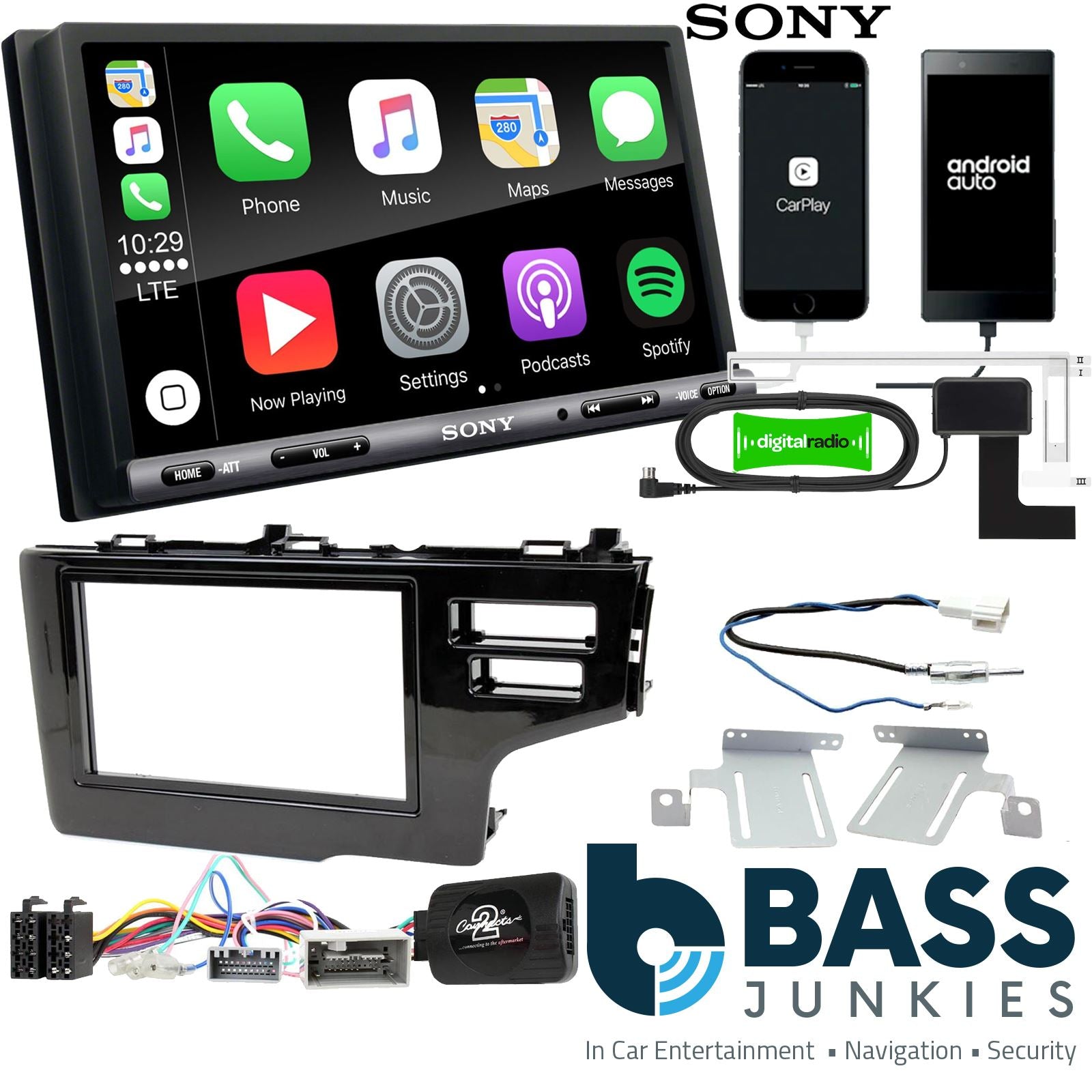 SONY DAB+ Apple | Android Double Din Stereo Fitting Kit + Steering Wheel Stalk Controls to fit Honda Fit 2015- | Honda Jazz 2014-