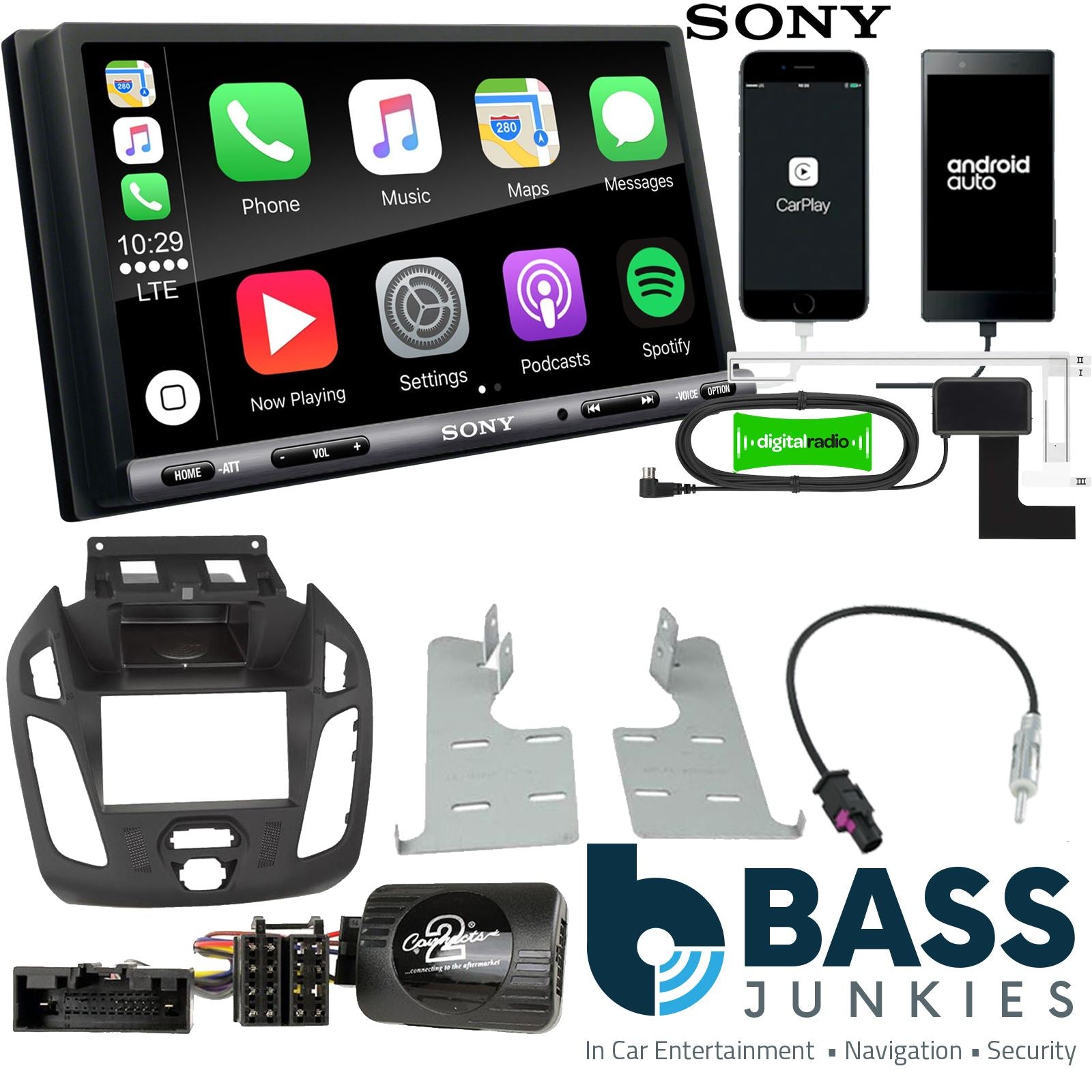 SONY DAB+ Apple | Android Double Din Stereo Fitting Kit + Steering Wheel Stalk Controls to fit Ford Transit-Connect 13-21