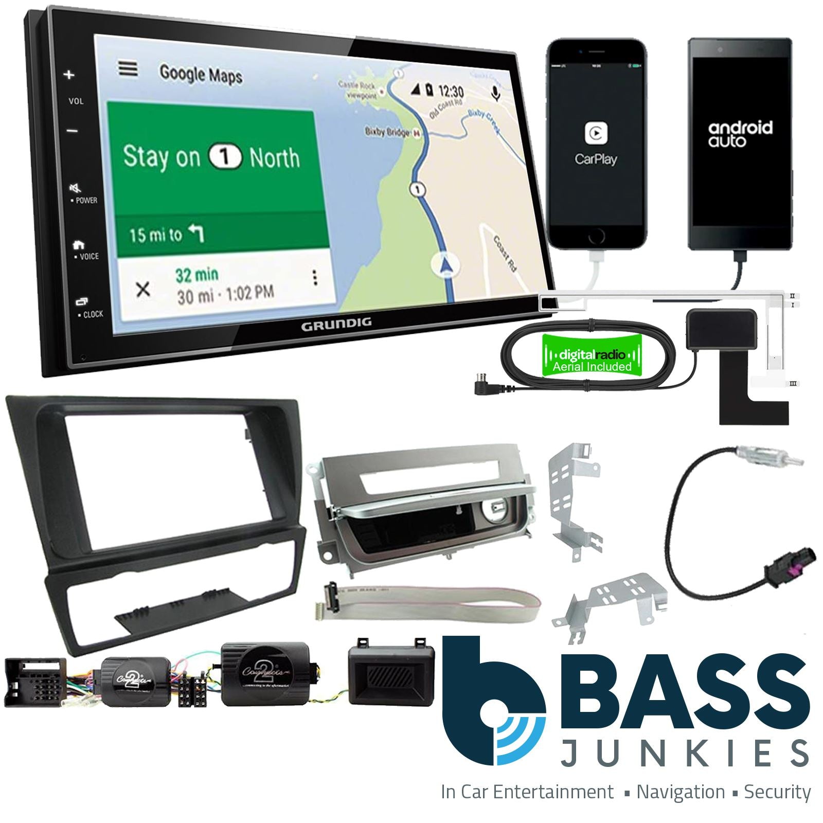 Grundig 6.8" Apple Android Double Din Stereo Fitting Kit + Steering Wheel Stalk Controls to fit BMW 3-Series 2005-12