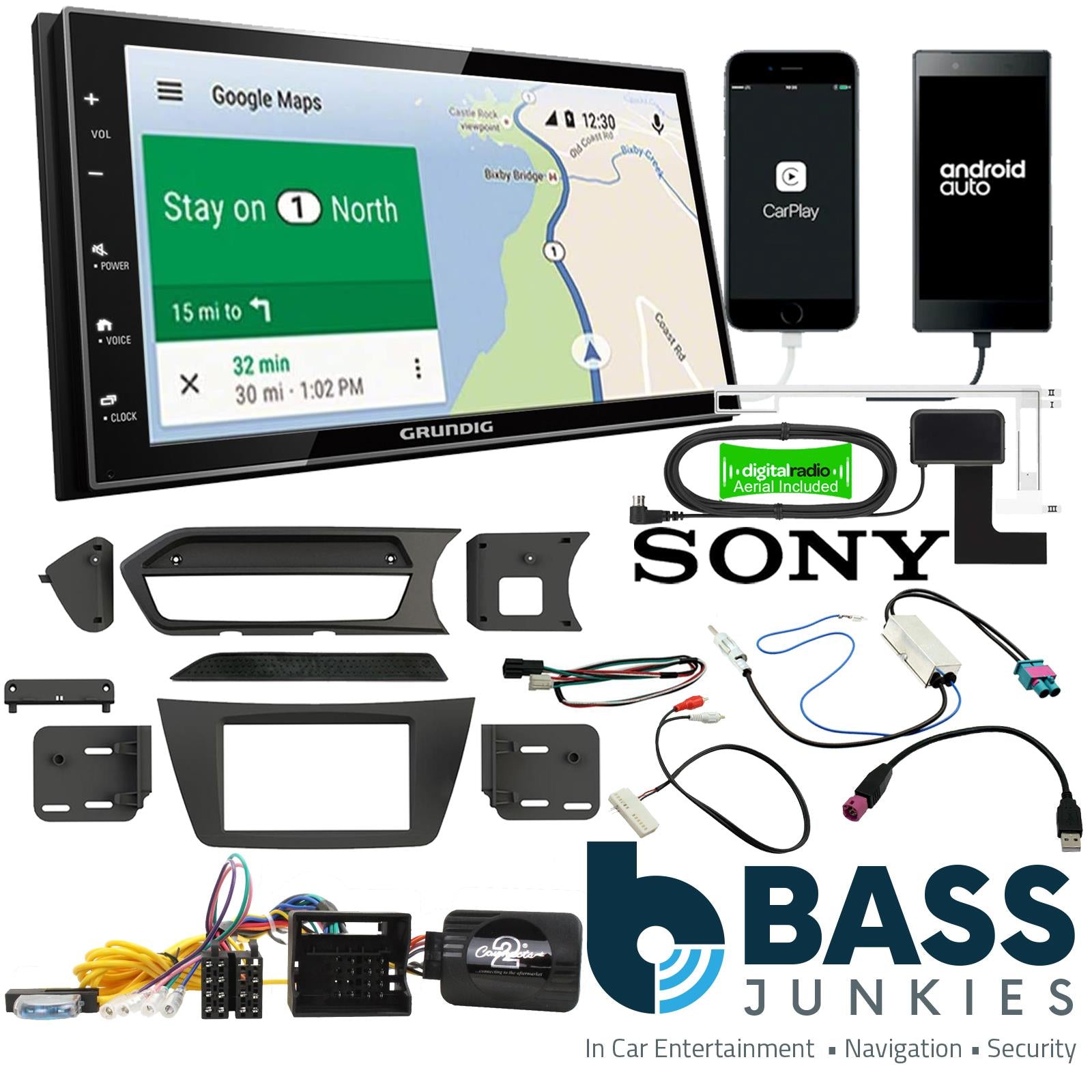 Grundig 6.8" Apple Android Double Din Stereo Fitting Kit + Steering Wheel Stalk Controls to fit Mercedes C-Class 2012-14