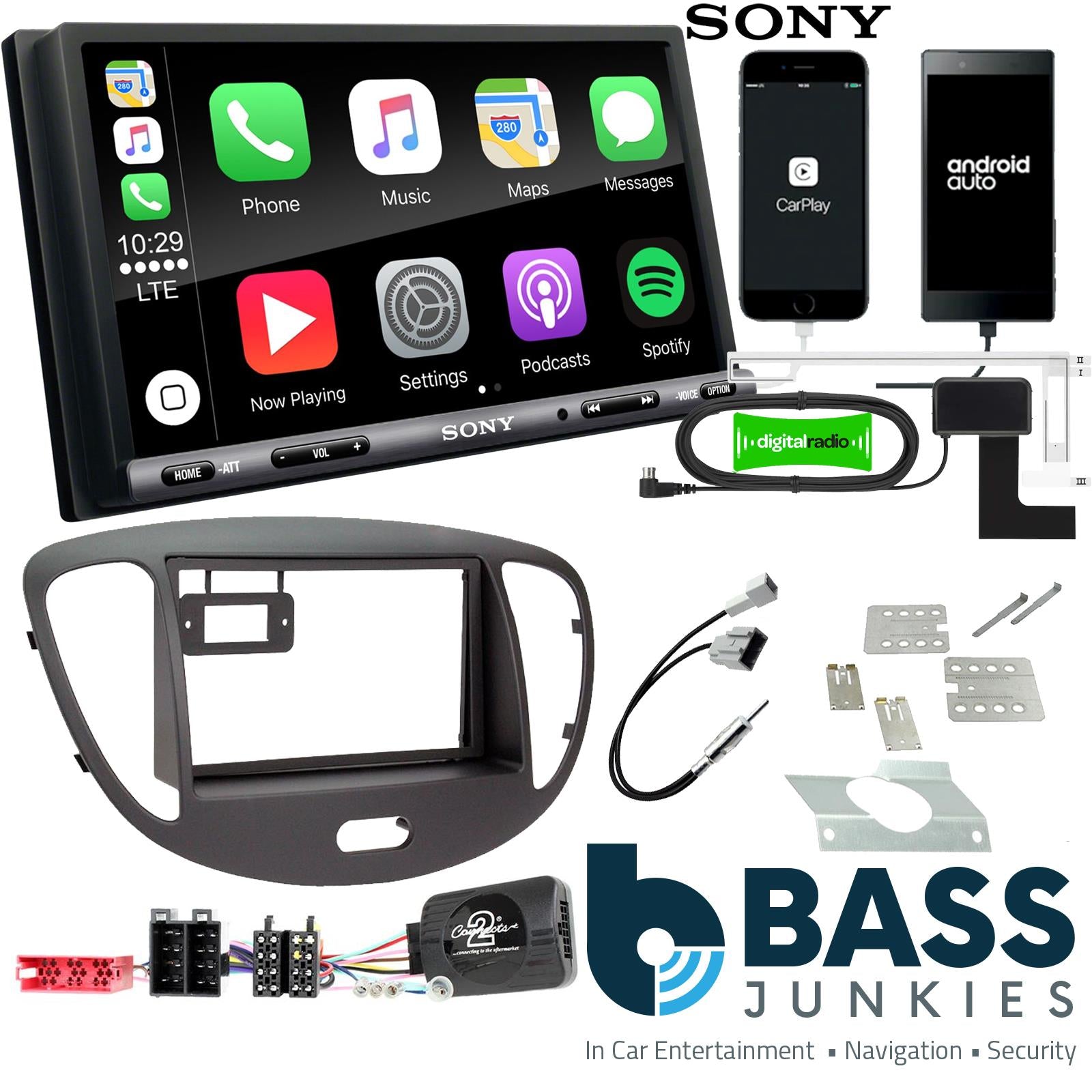 SONY DAB+ Apple | Android Double Din Stereo Fitting Kit + Steering Wheel Stalk Controls to fit Hyundai i10 2008-13