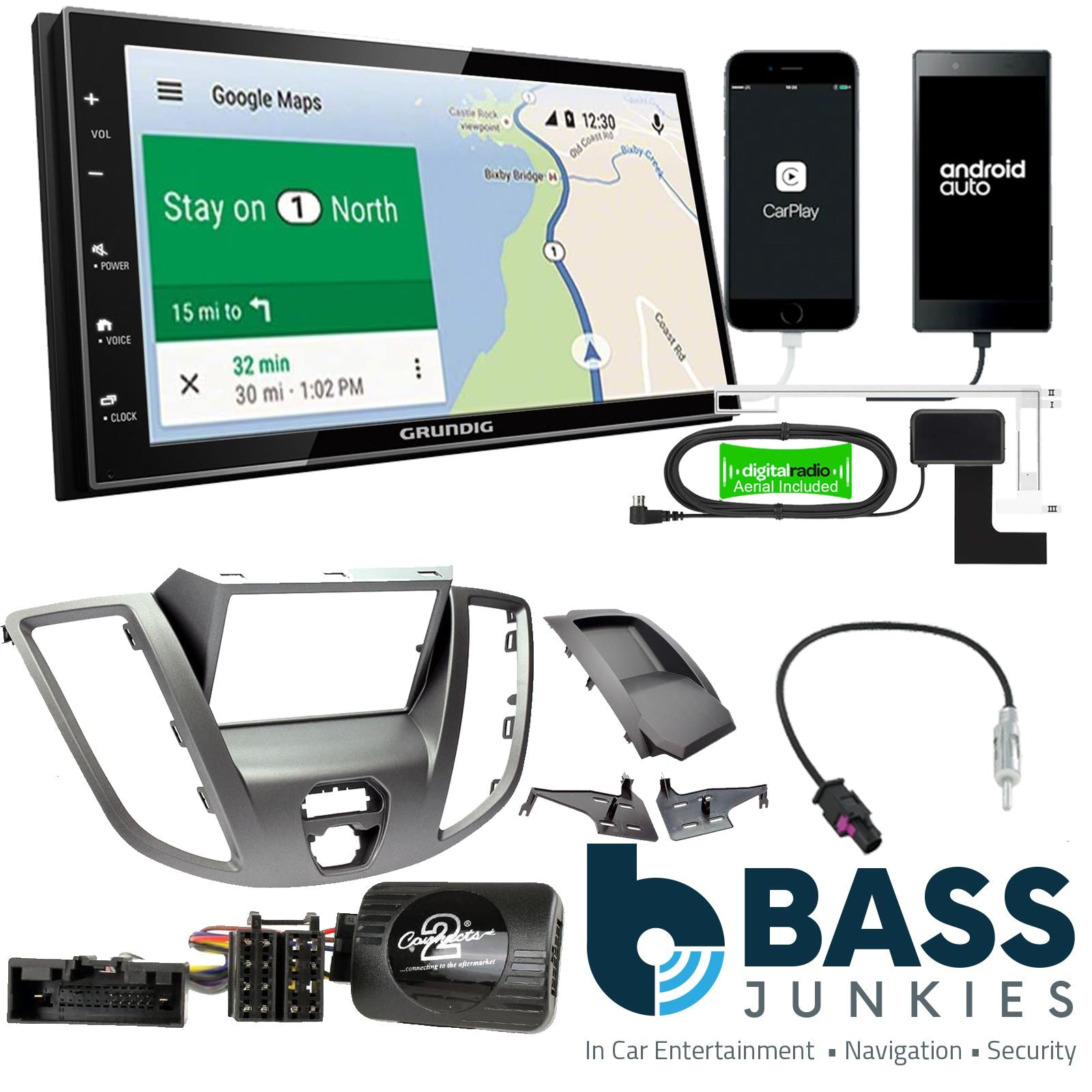 Grundig 6.8" Apple Android Double Din Stereo Fitting Kit + Steering Wheel Stalk Controls to fit Ford Transit 2015-21