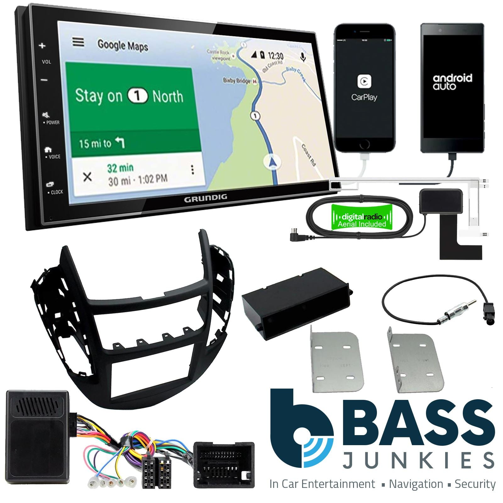 Grundig 6.8" Apple Android Double Din Stereo Fitting Kit + Steering Wheel Stalk Controls to fit Chevrolet Tracker 2013-21 | Chevrolet Trax 2013-21 | Holden Trax 2017-20