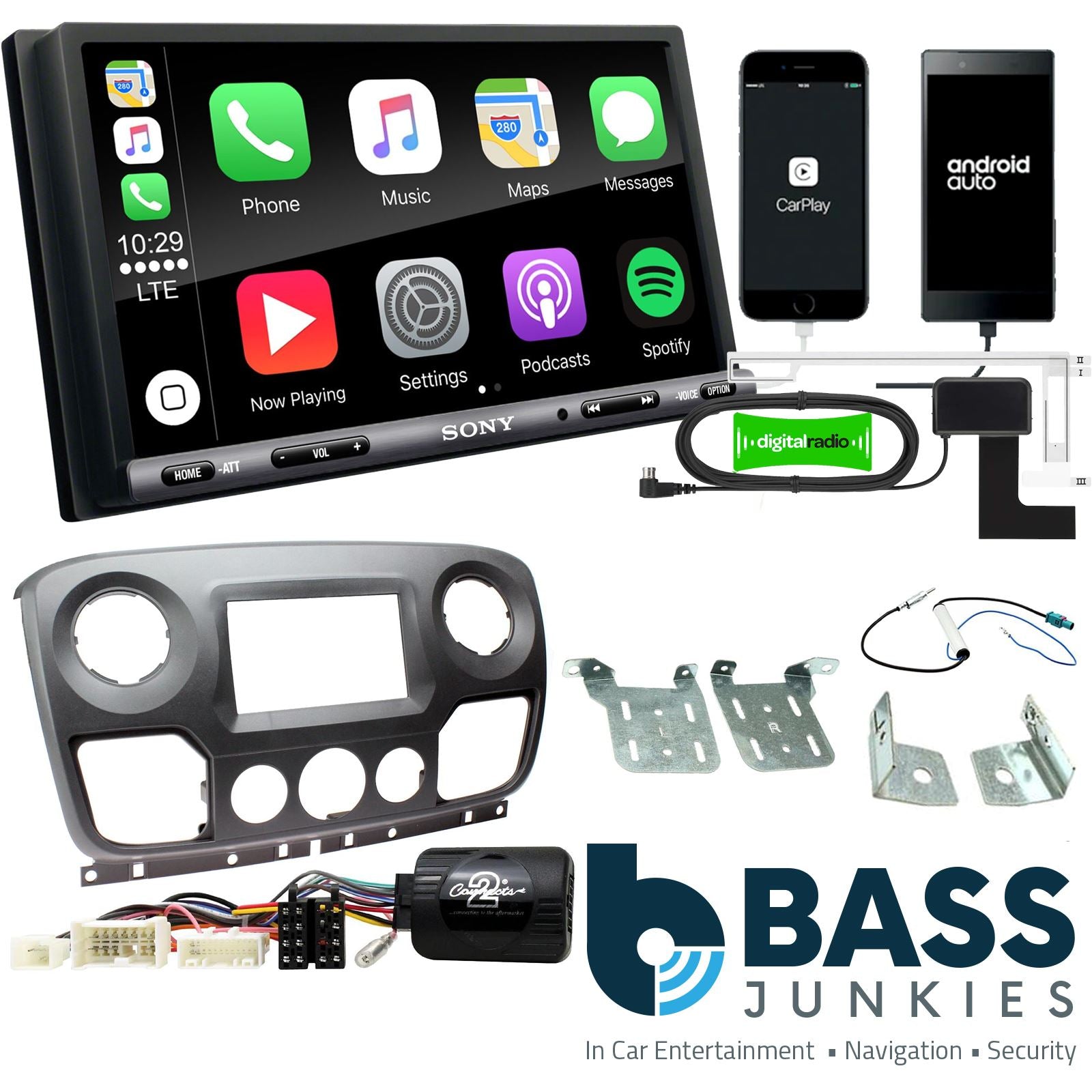 SONY DAB+ Apple | Android Double Din Stereo Fitting Kit + Steering Wheel Stalk Controls to fit Vauxhall Movano 2013- | Opel Movano 2013-