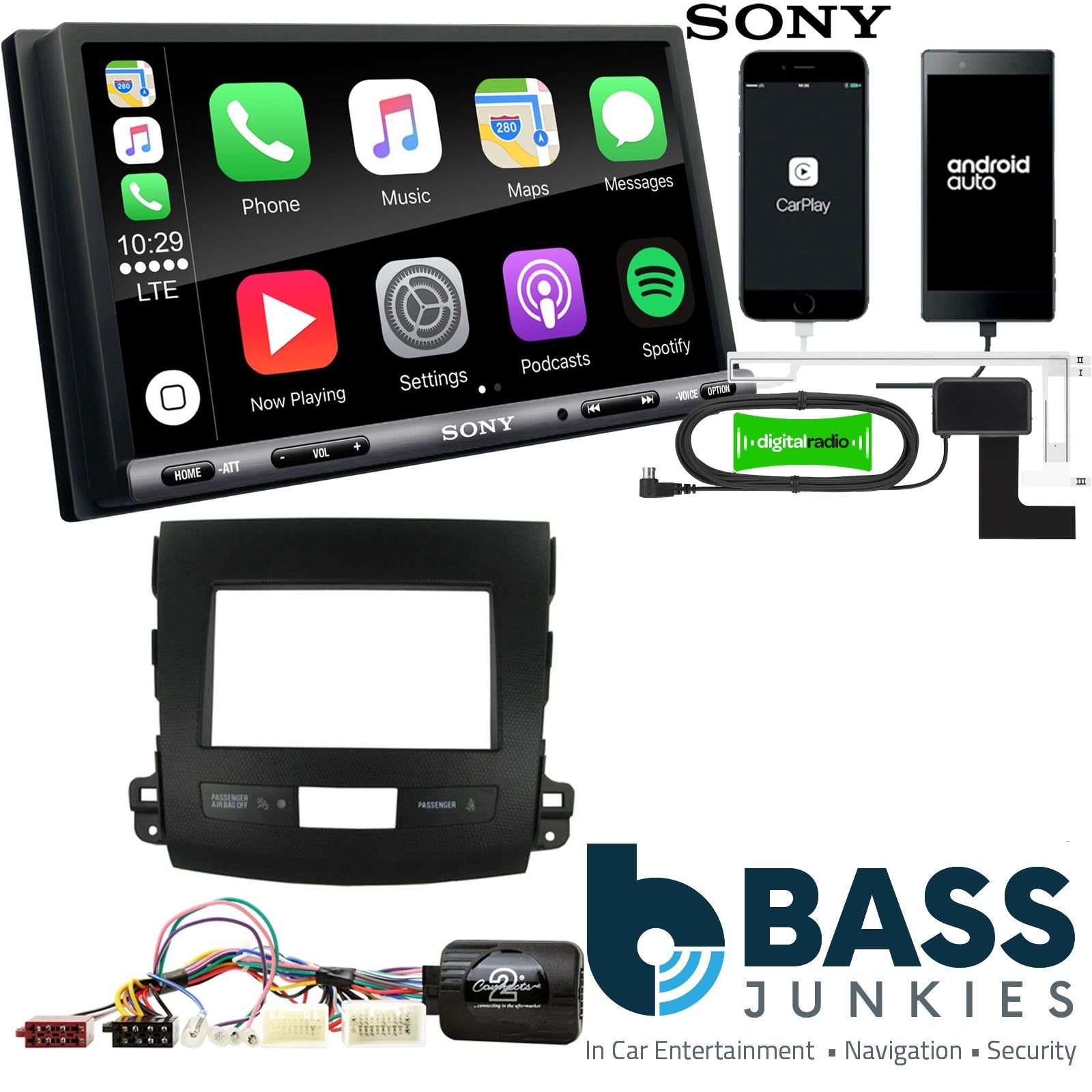 SONY DAB+ Apple | Android Double Din Stereo Fitting Kit + Steering Wheel Stalk Controls to fit Mitsubishi Outlander 07-13