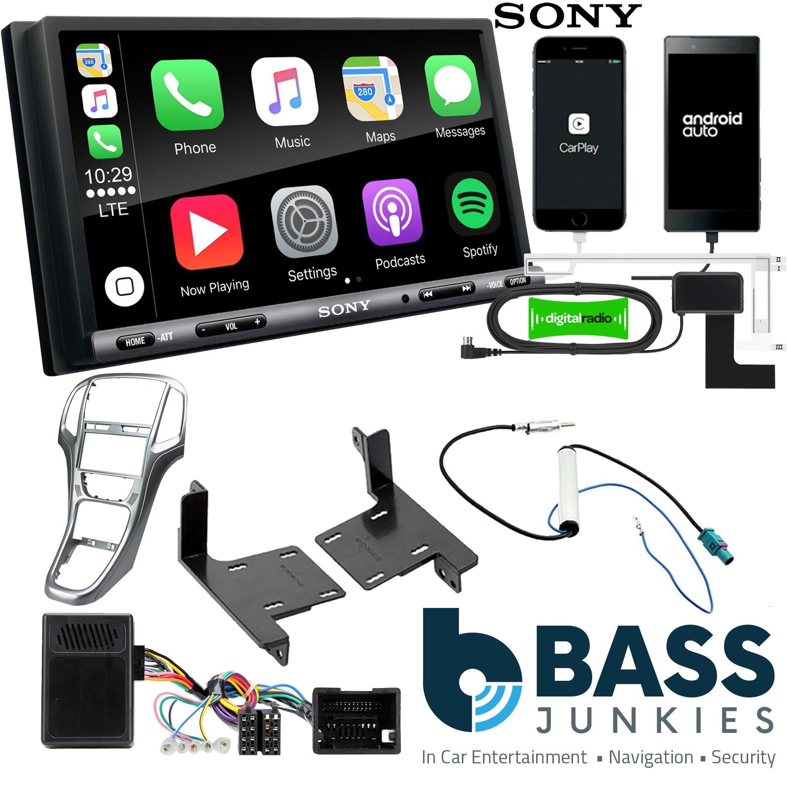 SONY DAB+ Apple | Android Double Din Stereo Fitting Kit + Steering Wheel Stalk Controls to fit Vauxhall Astra 2010-15