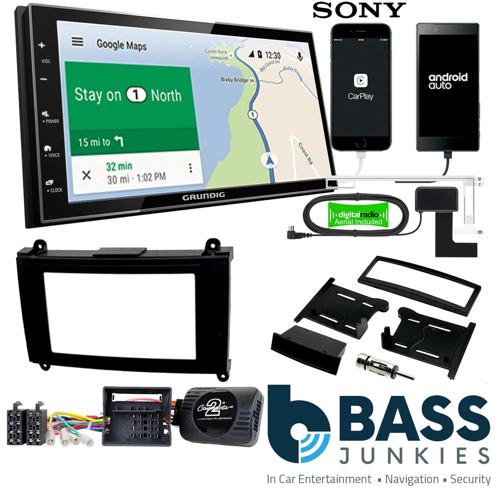 Grundig 6.8" Apple Android Double Din Stereo Fitting Kit + Steering Wheel Stalk Controls to fit Dodge Sprinter-Van 07-10