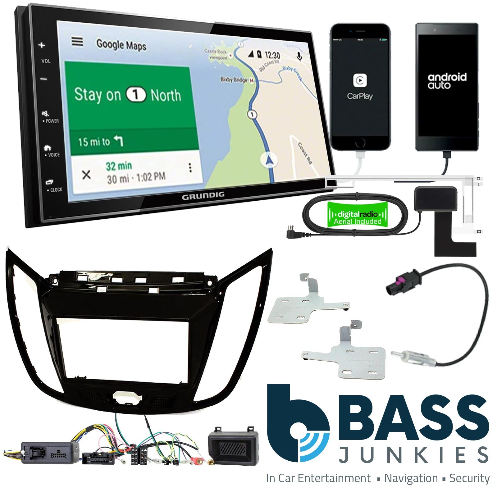 Grundig 6.8" Apple Android Double Din Stereo Fitting Kit + Steering Wheel Stalk Controls to fit Ford C-Max 2010-