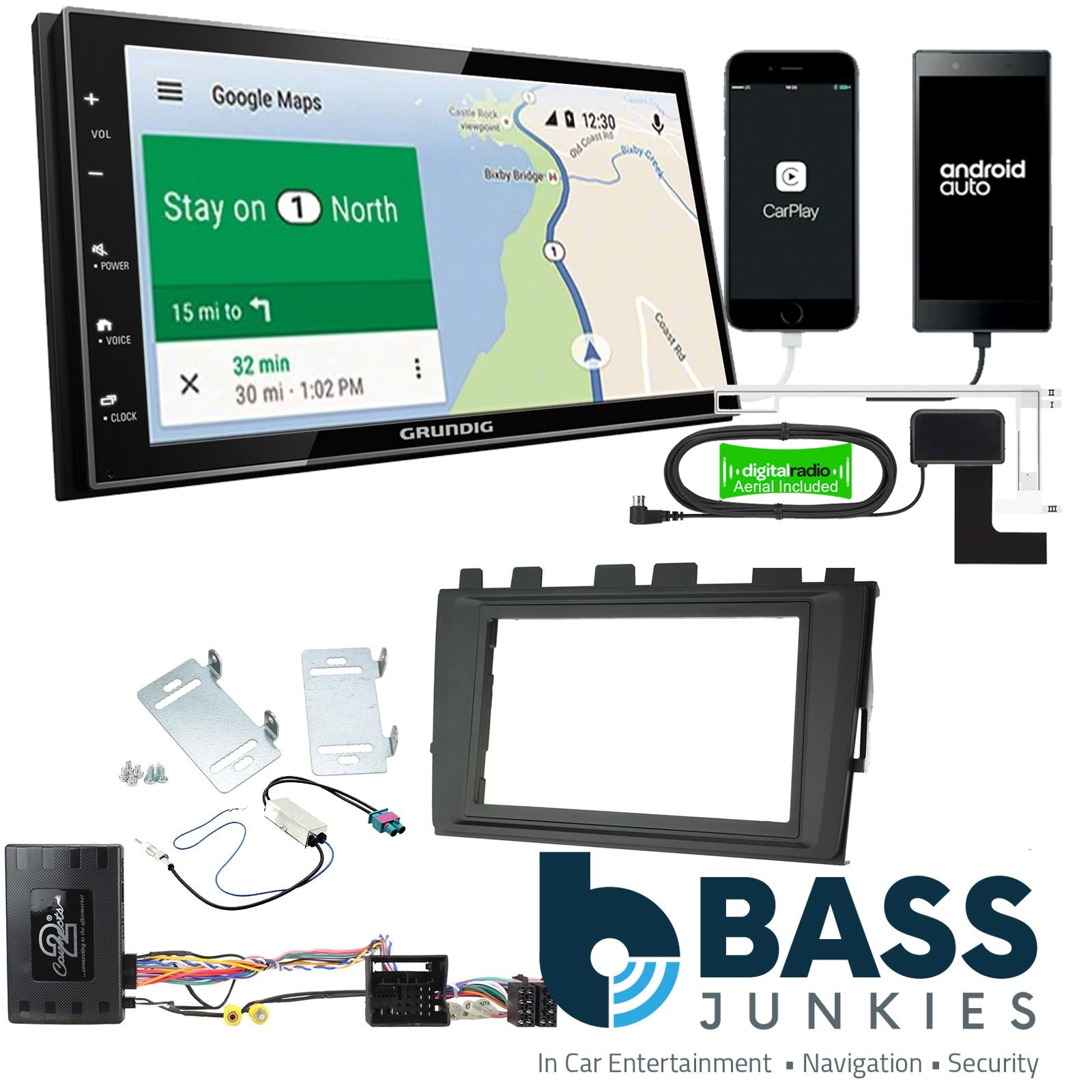 Grundig 6.8" Apple Android Double Din Stereo Fitting Kit + Steering Wheel Stalk Controls to fit VW Polo 2018-21