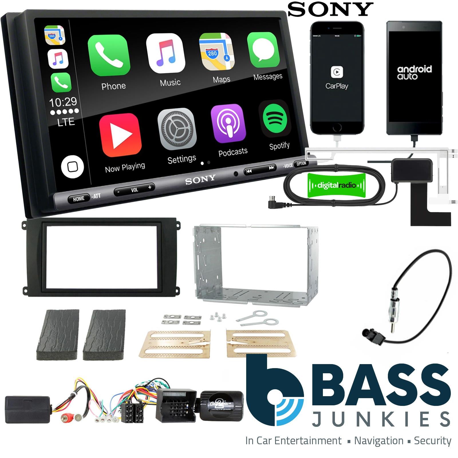 SONY DAB+ Apple | Android Double Din Stereo Fitting Kit + Steering Wheel Stalk Controls to fit Porsche Cayenne 2007-10