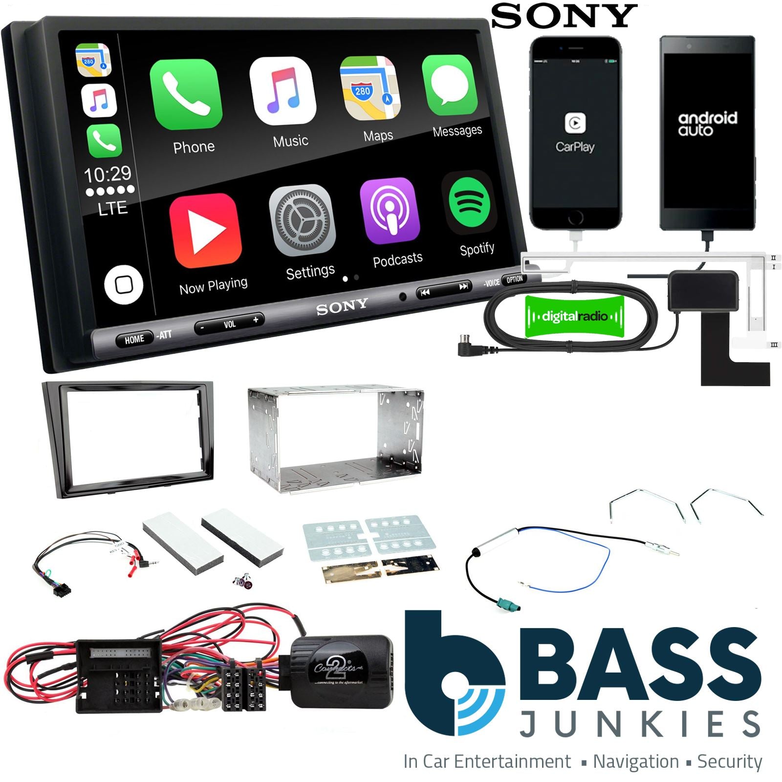 SONY DAB+ Apple | Android Double Din Stereo Fitting Kit + Steering Wheel Stalk Controls to fit Vauxhall Corsa 2009-14