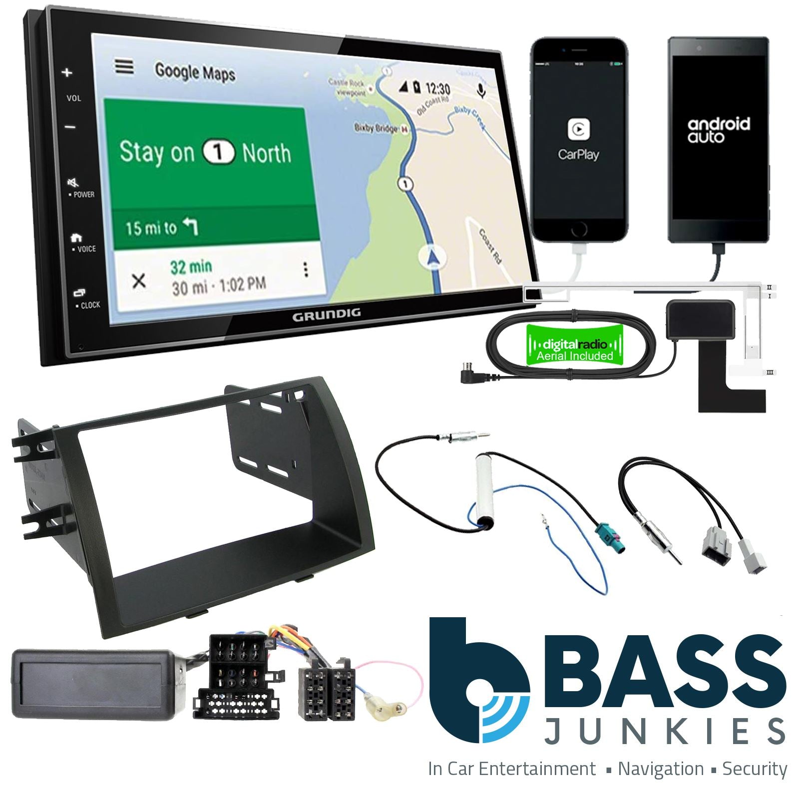 Grundig 6.8" Apple Android Double Din Stereo Fitting Kit + Steering Wheel Stalk Controls to fit Kia Sorento 2009-11