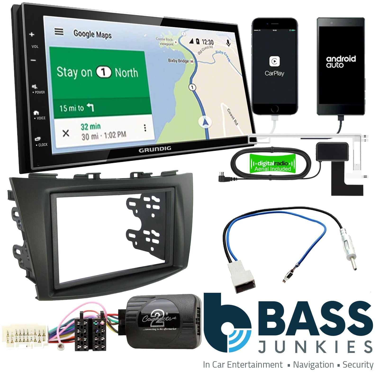 Grundig 6.8" Apple Android Double Din Stereo Fitting Kit + Steering Wheel Stalk Controls to fit Suzuki Swift 2011-17