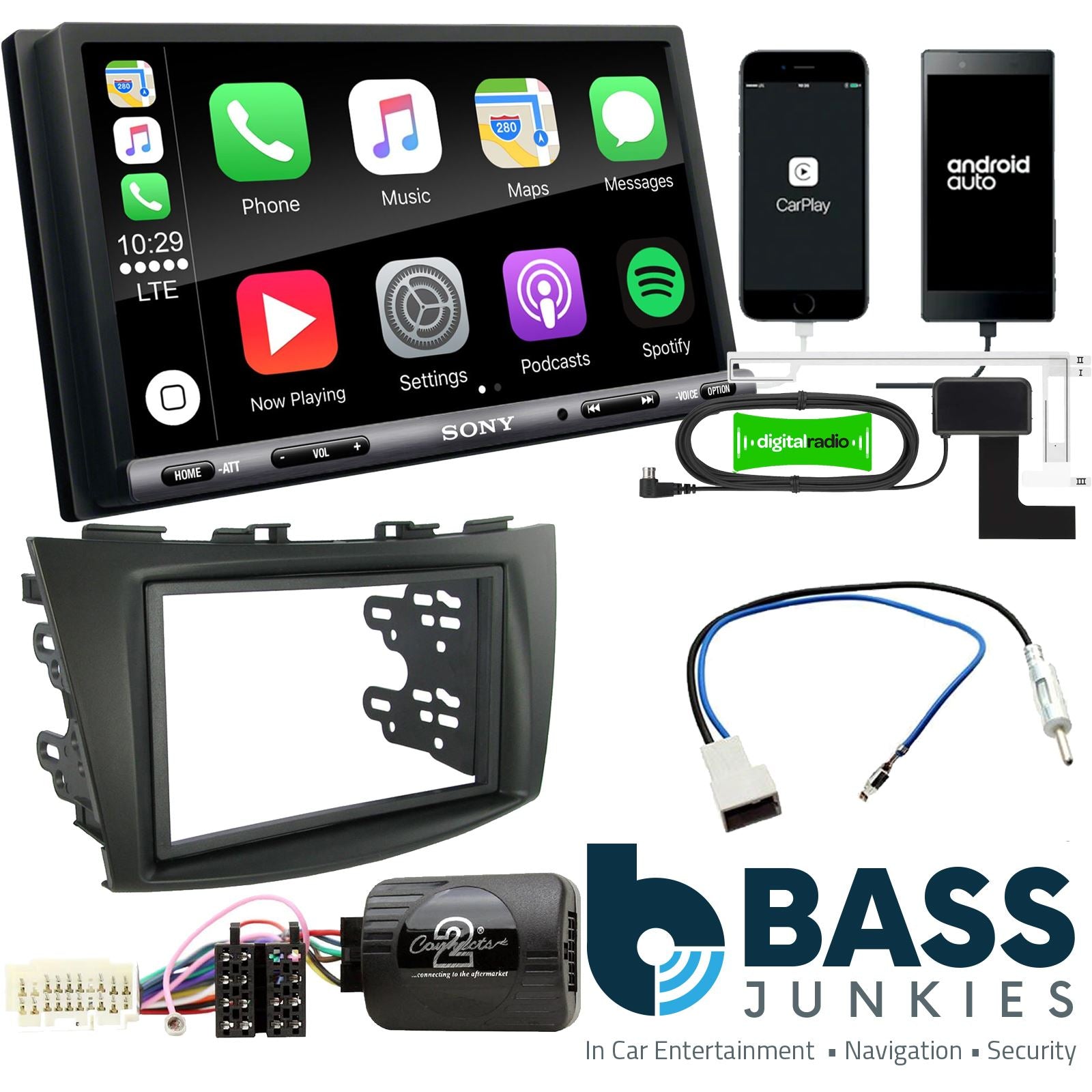 SONY DAB+ Apple | Android Double Din Stereo Fitting Kit + Steering Wheel Stalk Controls to fit Suzuki Swift 2011-17
