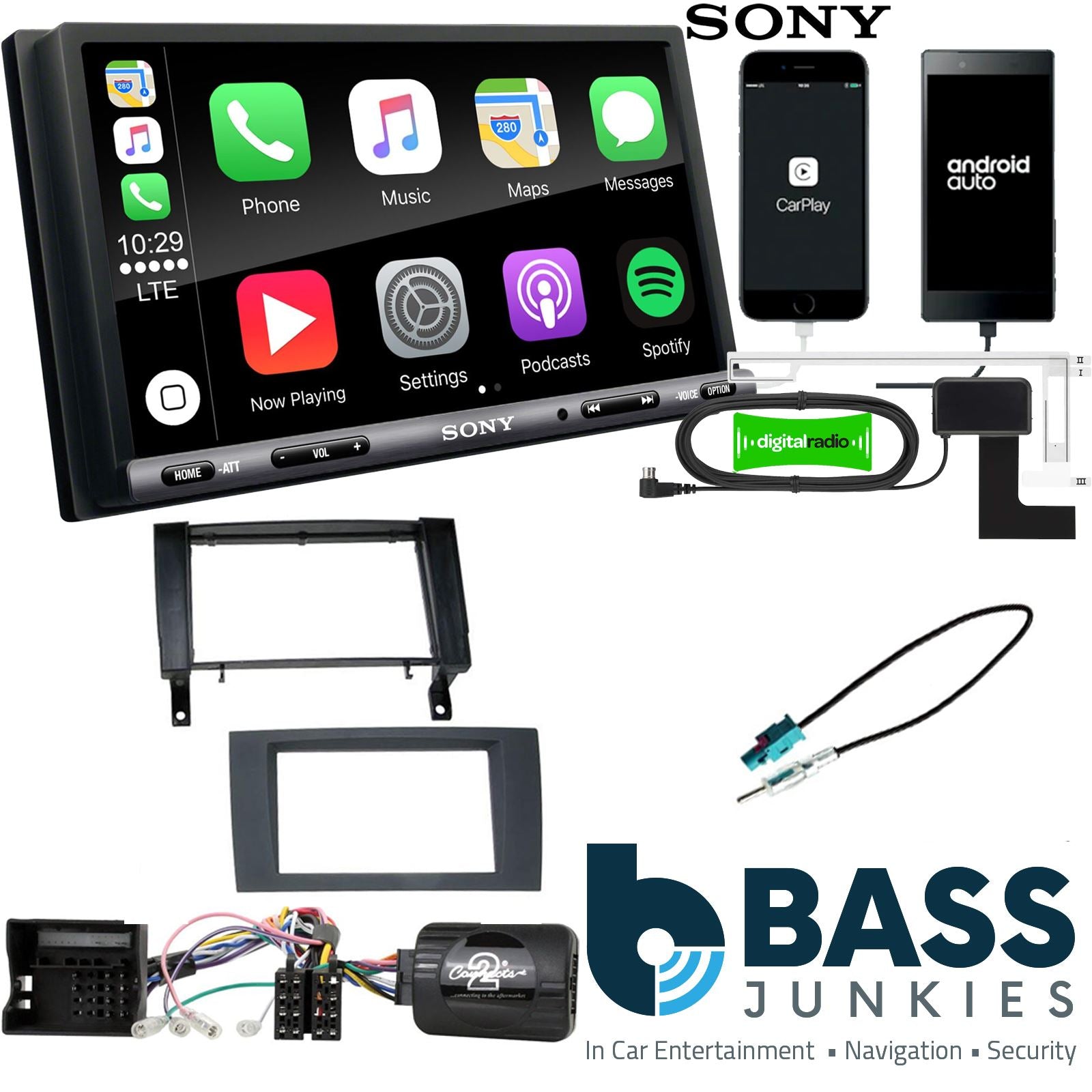 SONY DAB+ Apple | Android Double Din Stereo Fitting Kit + Steering Wheel Stalk Controls to fit Mercedes SLK 2004-11