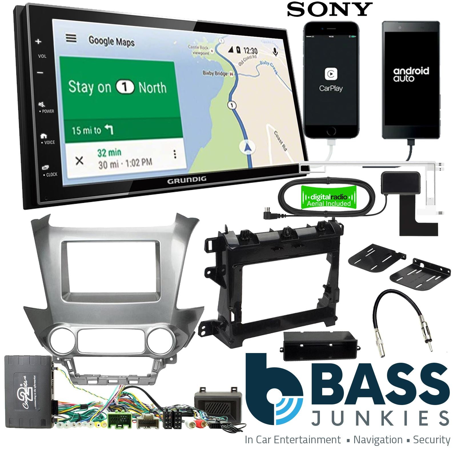 Grundig 6.8" Apple Android Double Din Stereo Fitting Kit + Steering Wheel Stalk Controls to fit Chevrolet Suburban 14- | Chevrolet Tahoe 14- | GMC Yukon 14-